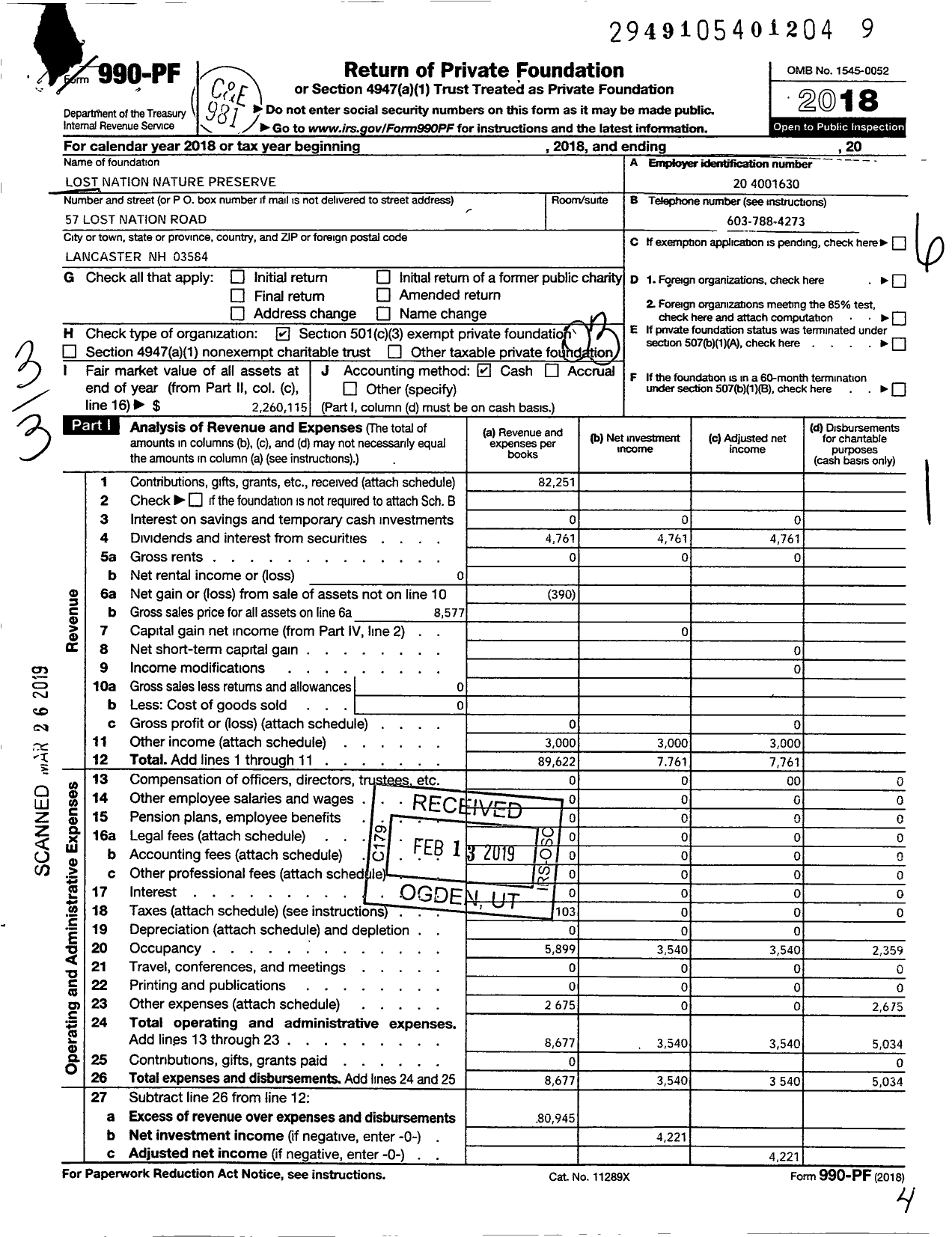 Image of first page of 2018 Form 990PF for Lost Nation Nature Preserve