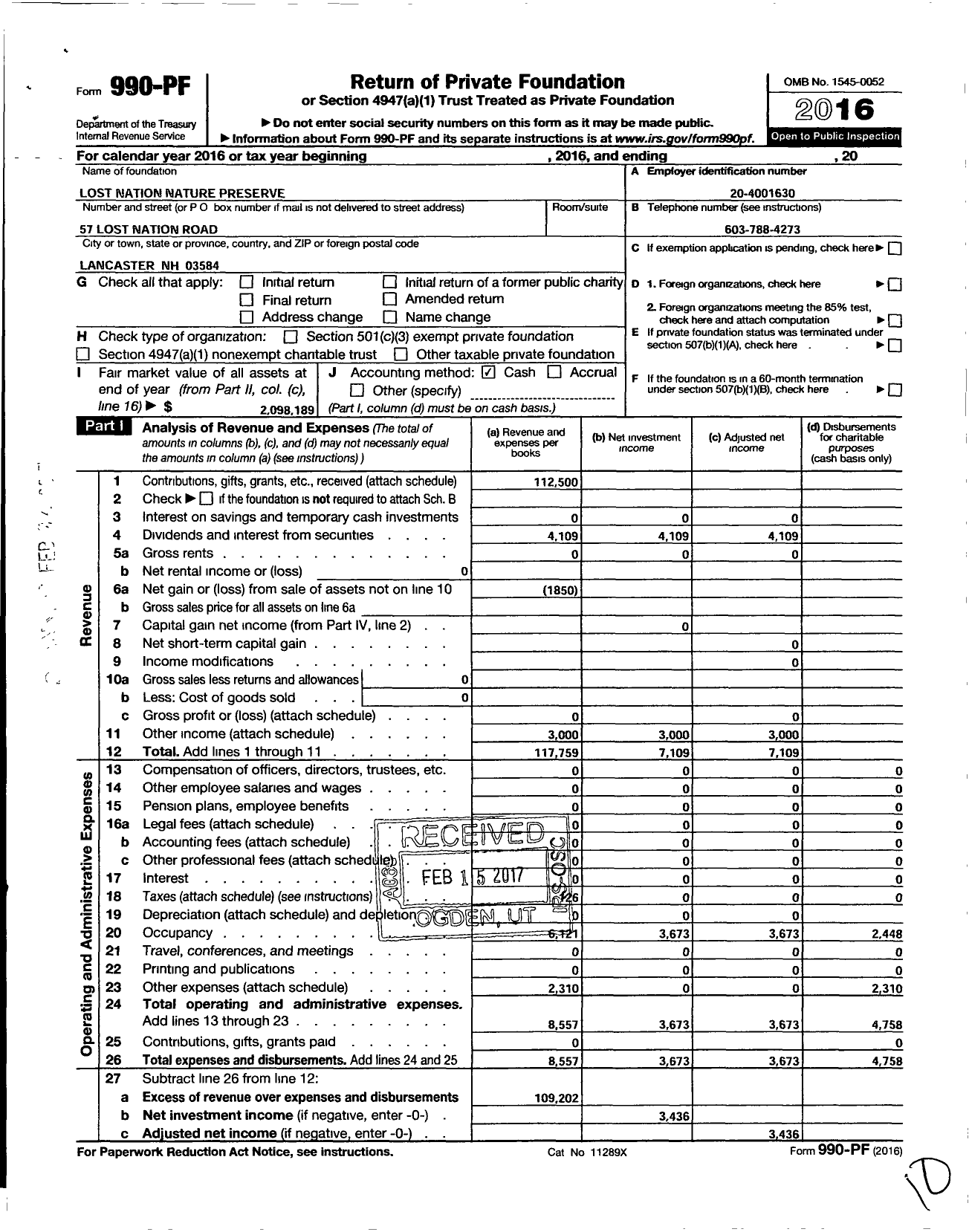 Image of first page of 2016 Form 990PF for Lost Nation Nature Preserve