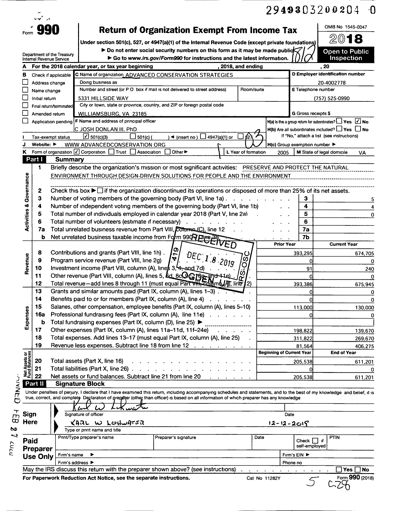 Image of first page of 2018 Form 990 for Advanced Conservation Strategies