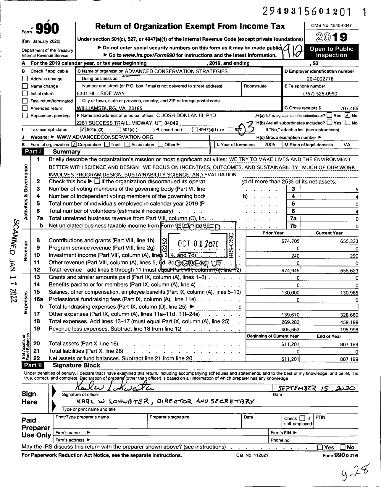 Image of first page of 2019 Form 990 for Advanced Conservation Strategies