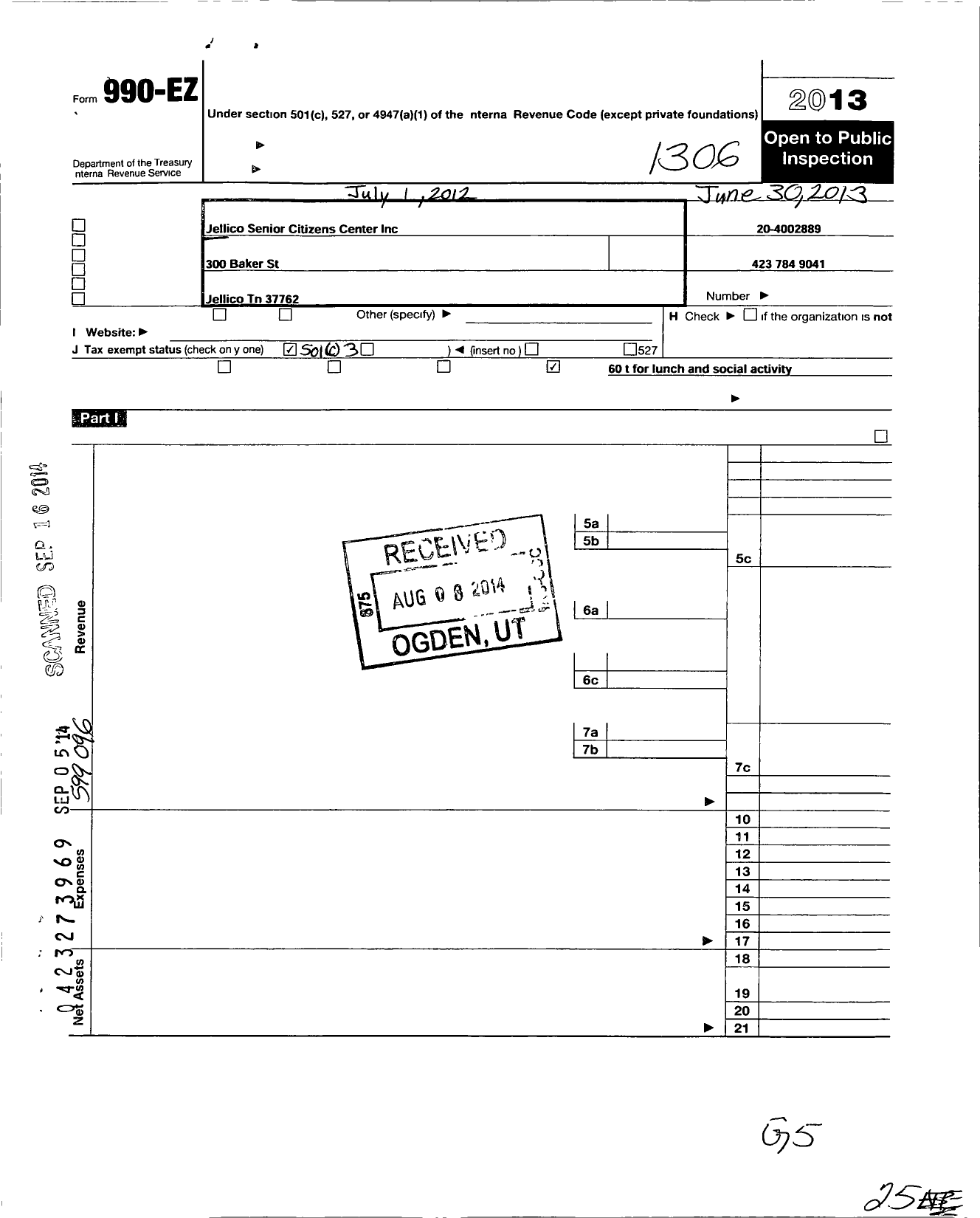 Image of first page of 2012 Form 990EZ for Jellico Senior Citizens Center