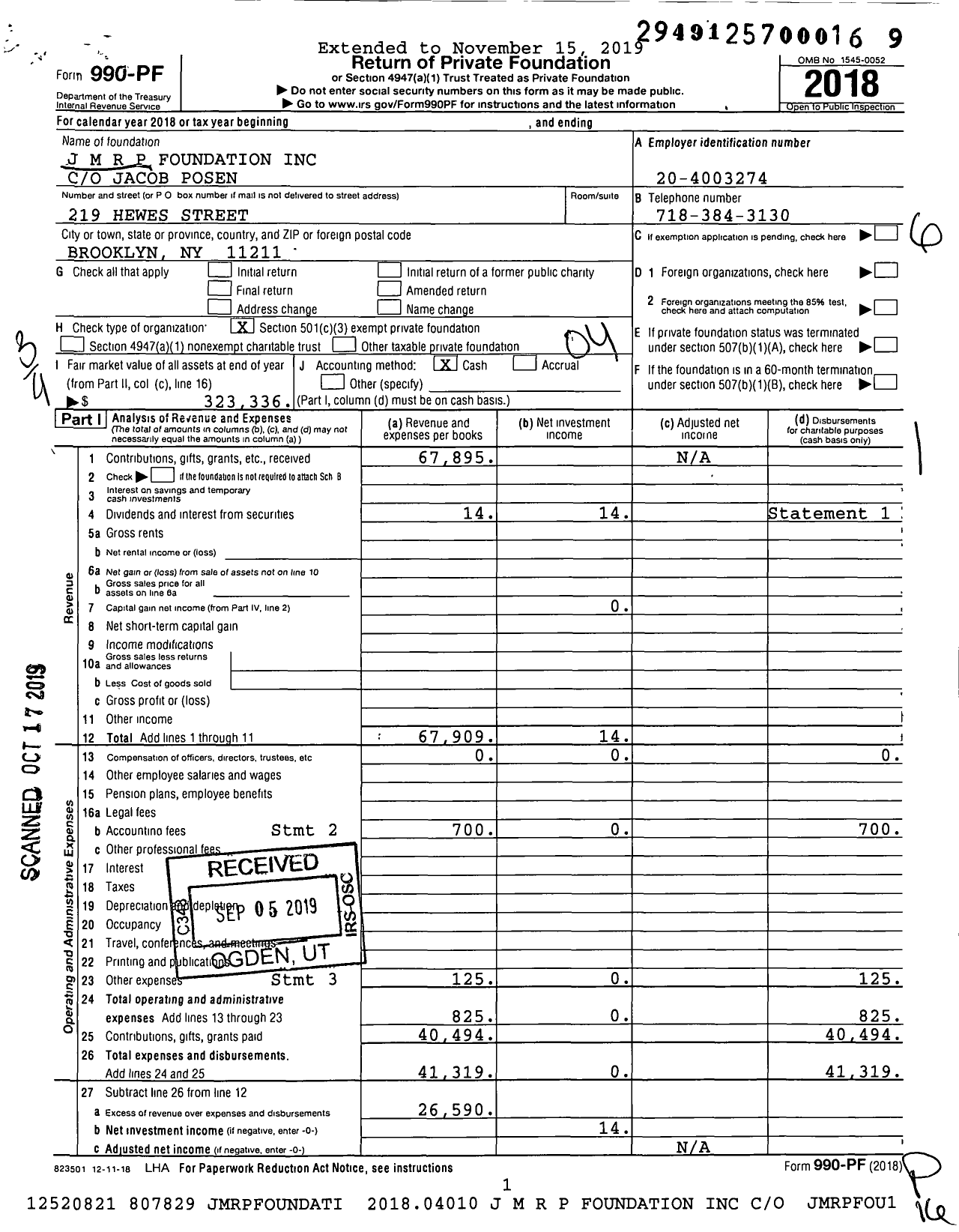 Image of first page of 2018 Form 990PF for J M R P Foundation