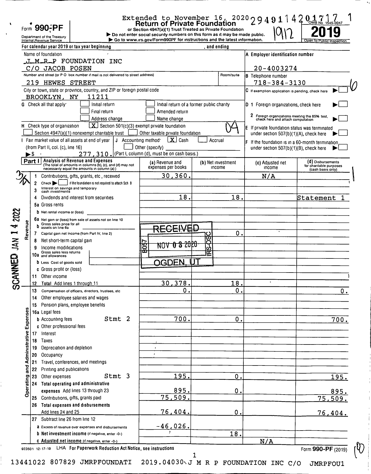 Image of first page of 2019 Form 990PF for J M R P Foundation