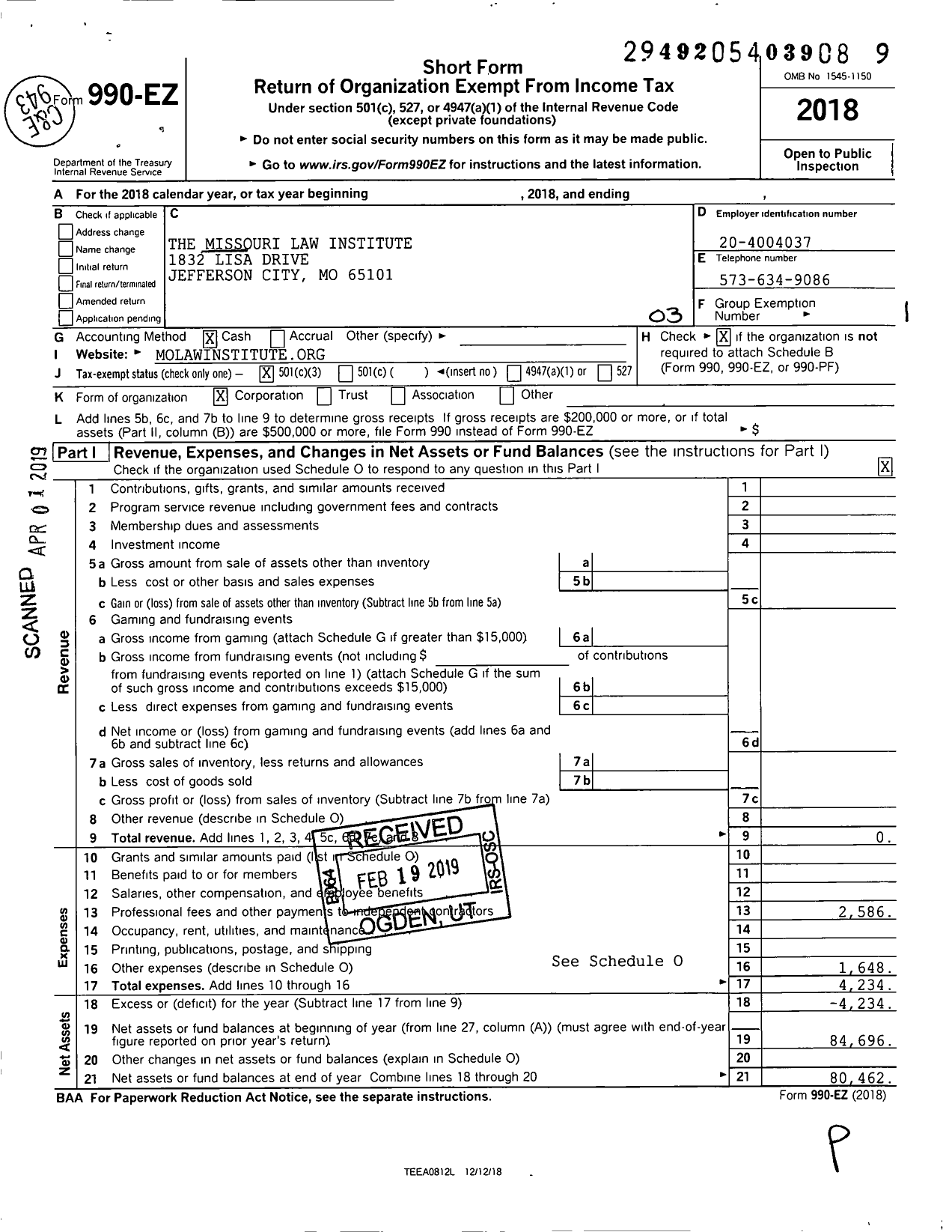 Image of first page of 2018 Form 990EZ for Missouri Law Institute