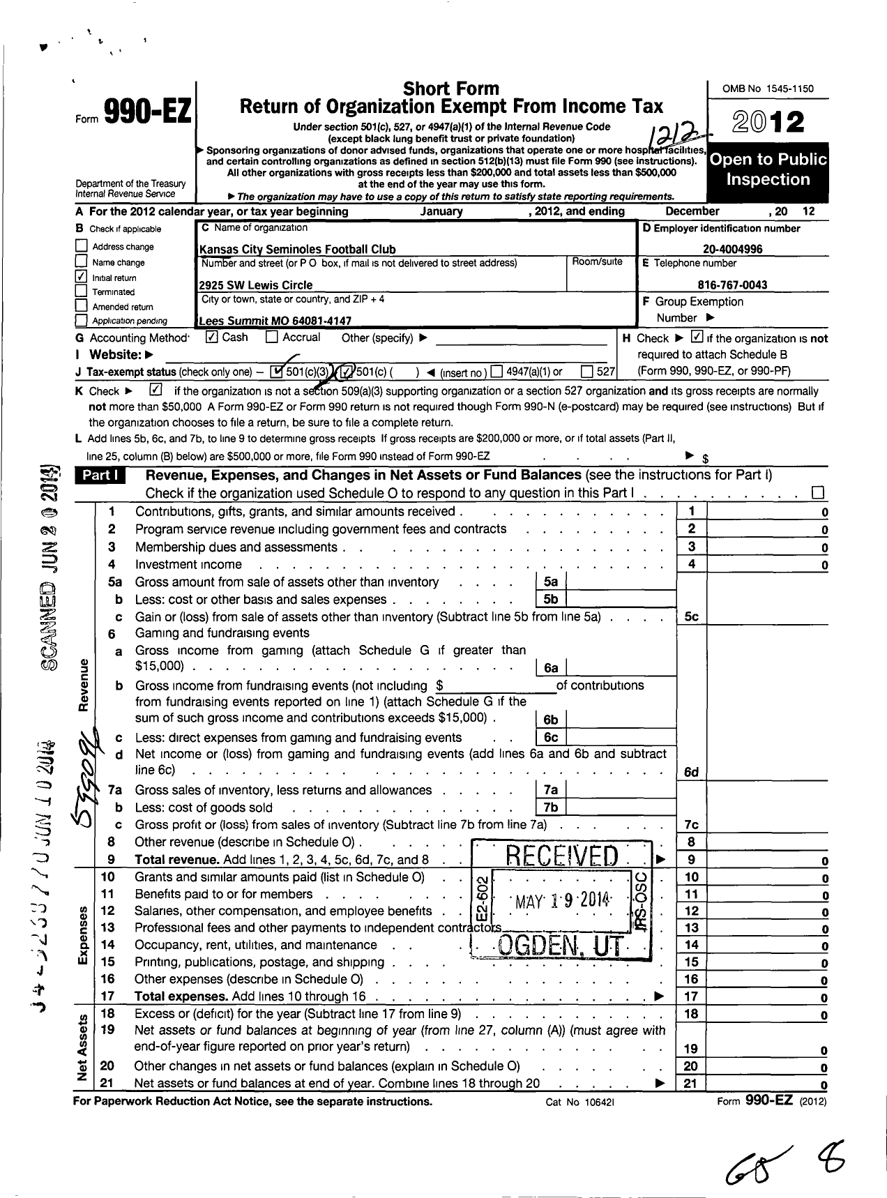 Image of first page of 2012 Form 990EZ for Kansas City Seminoles Football Club