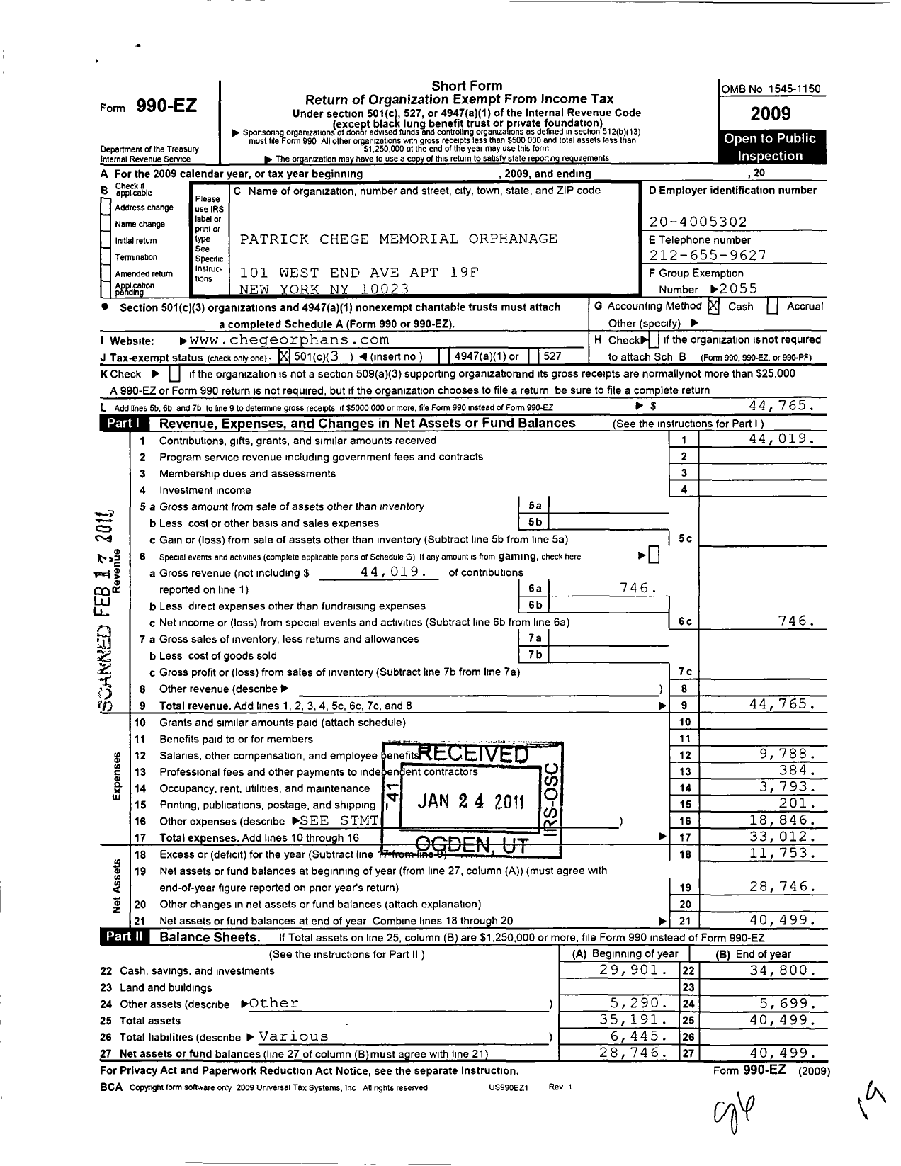 Image of first page of 2009 Form 990EZ for Patrick Chege Memorial Orphanage