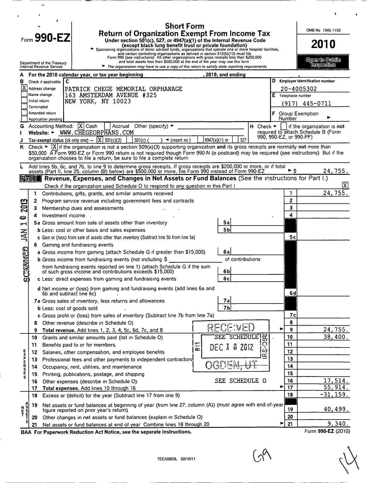 Image of first page of 2010 Form 990EZ for Patrick Chege Memorial Orphanage