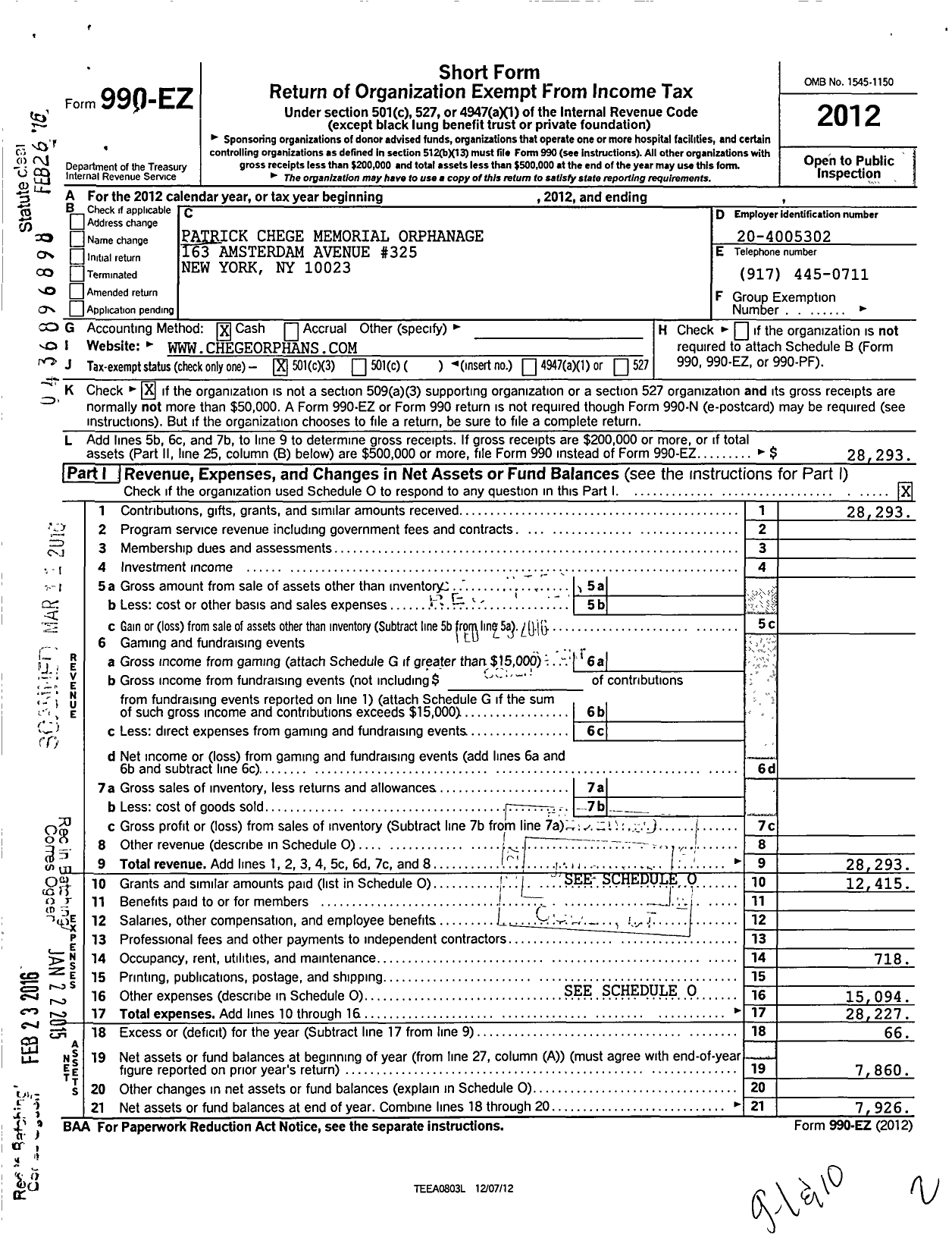 Image of first page of 2012 Form 990EZ for Patrick Chege Memorial Orphanage