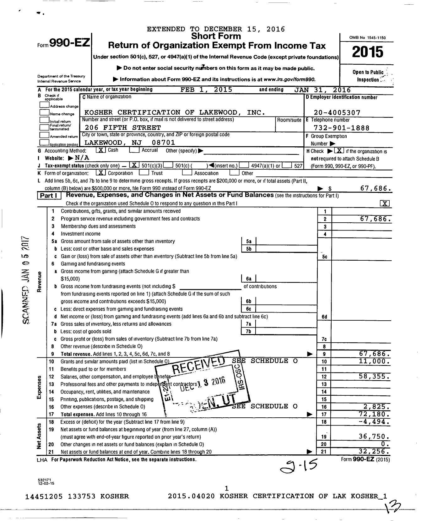 Image of first page of 2015 Form 990EZ for Kosher Certification of Lakewood