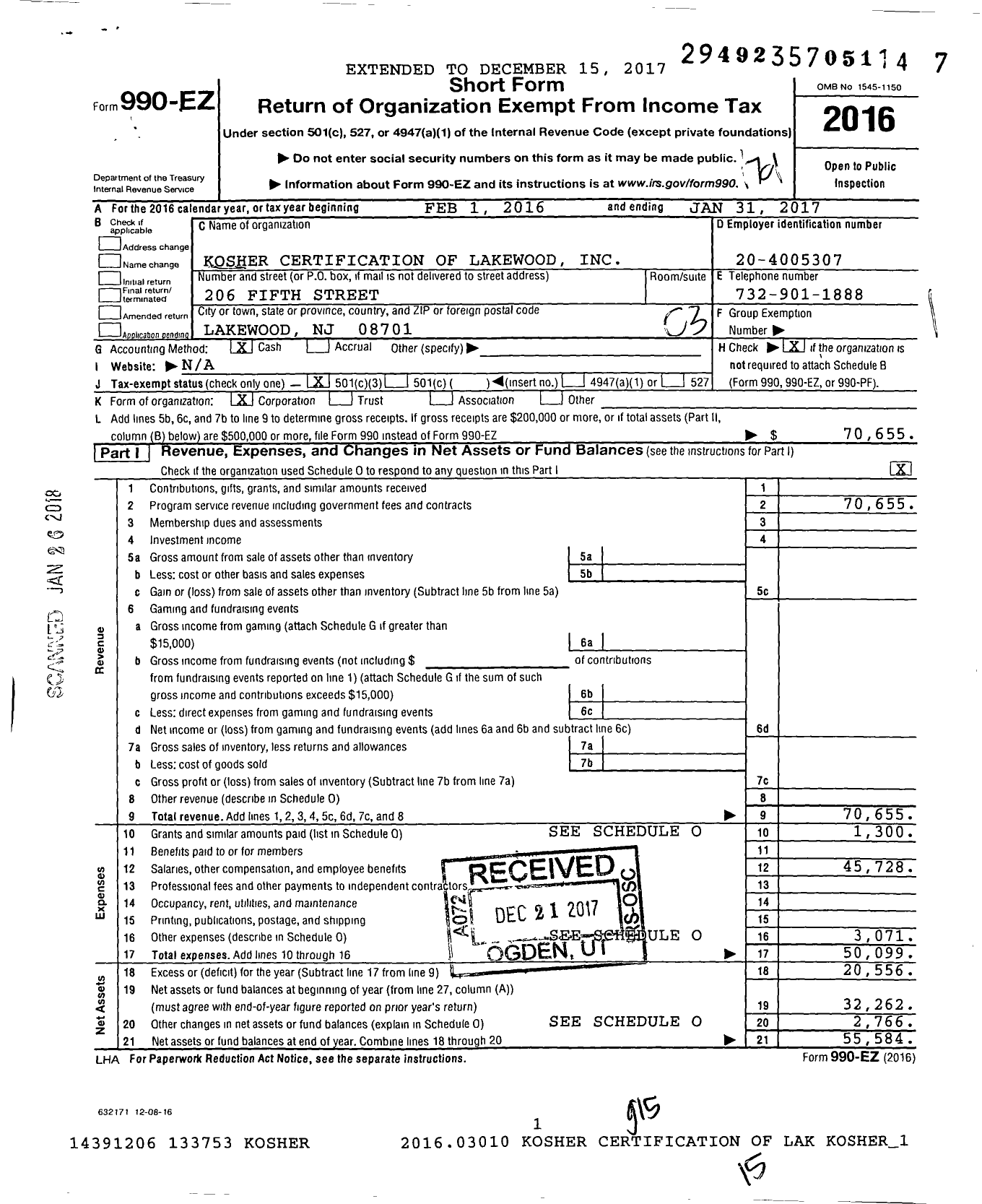 Image of first page of 2016 Form 990EZ for Kosher Certification of Lakewood