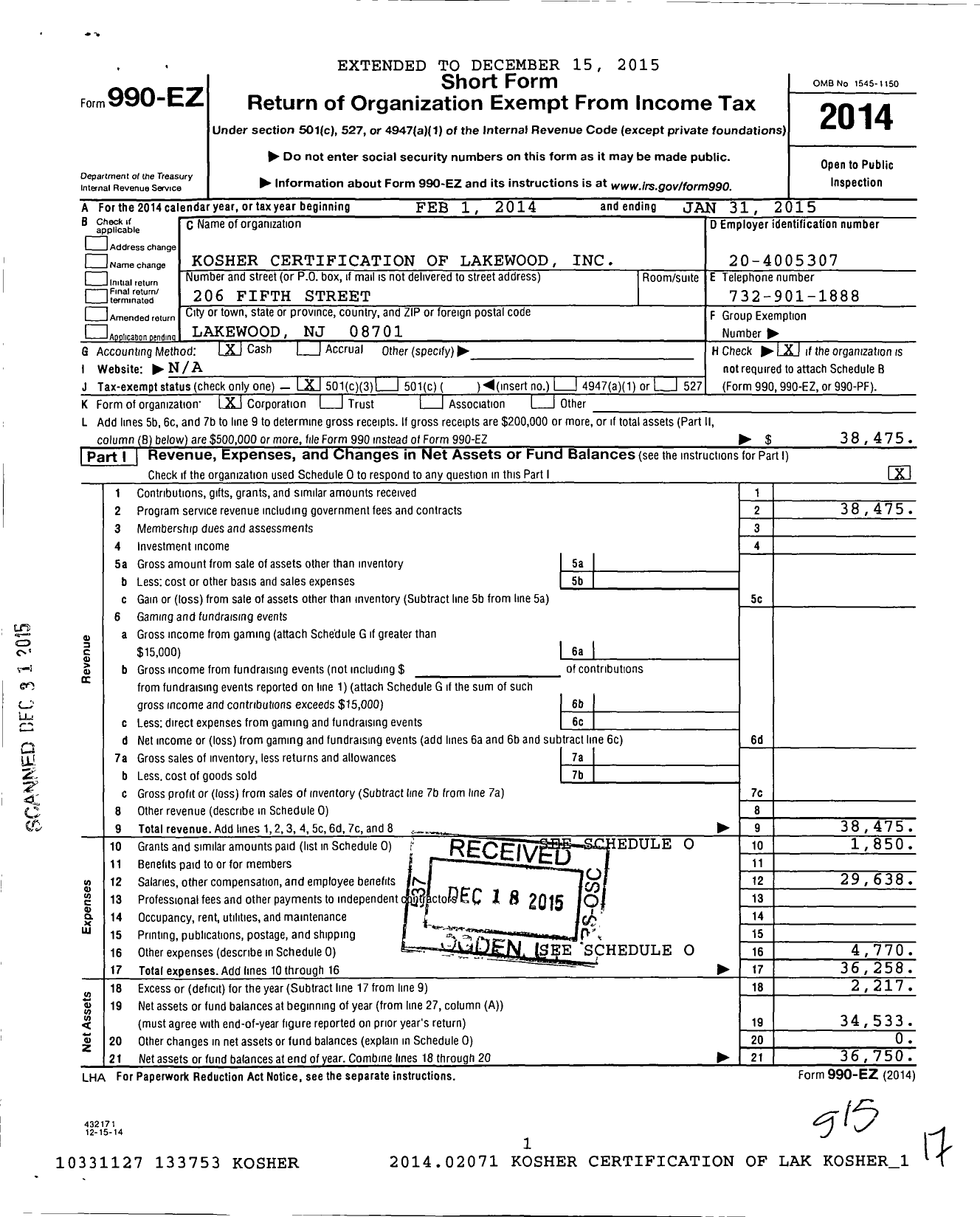 Image of first page of 2014 Form 990EZ for Kosher Certification of Lakewood