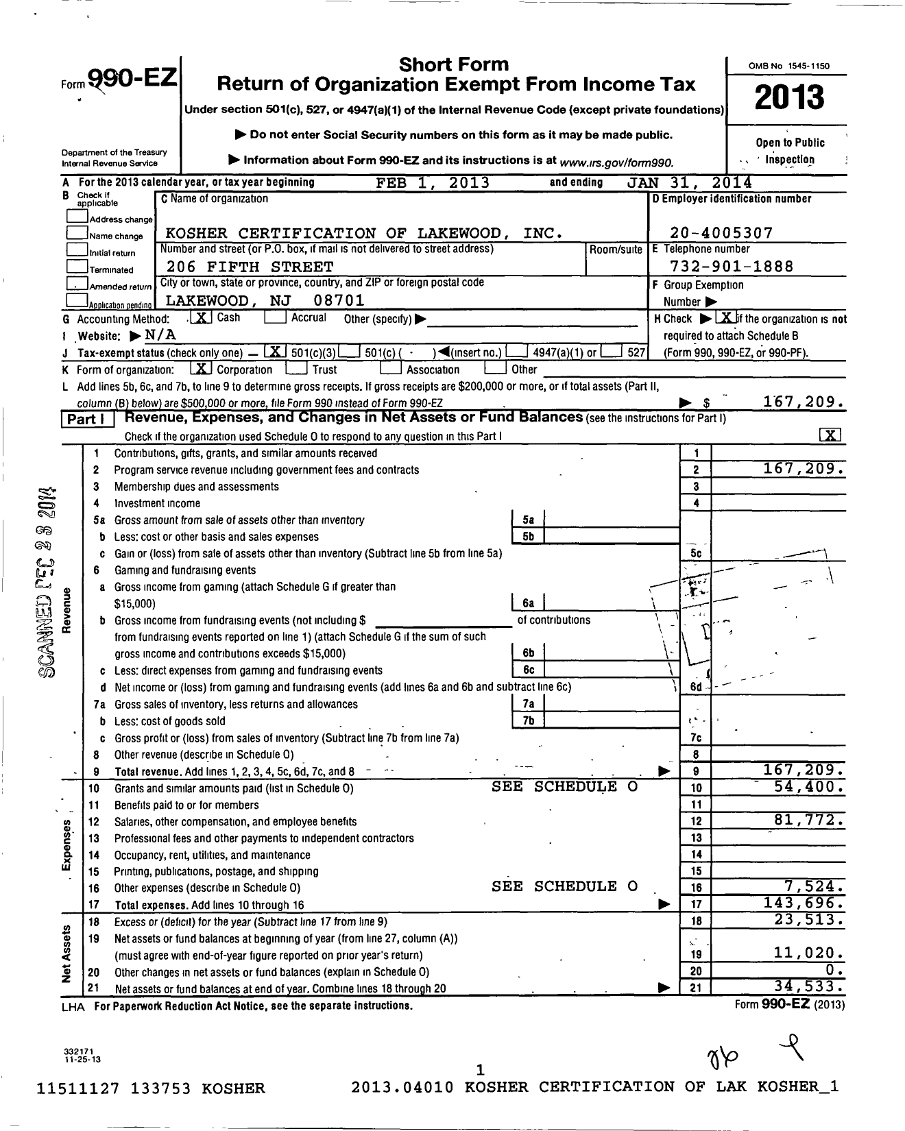 Image of first page of 2013 Form 990EZ for Kosher Certification of Lakewood