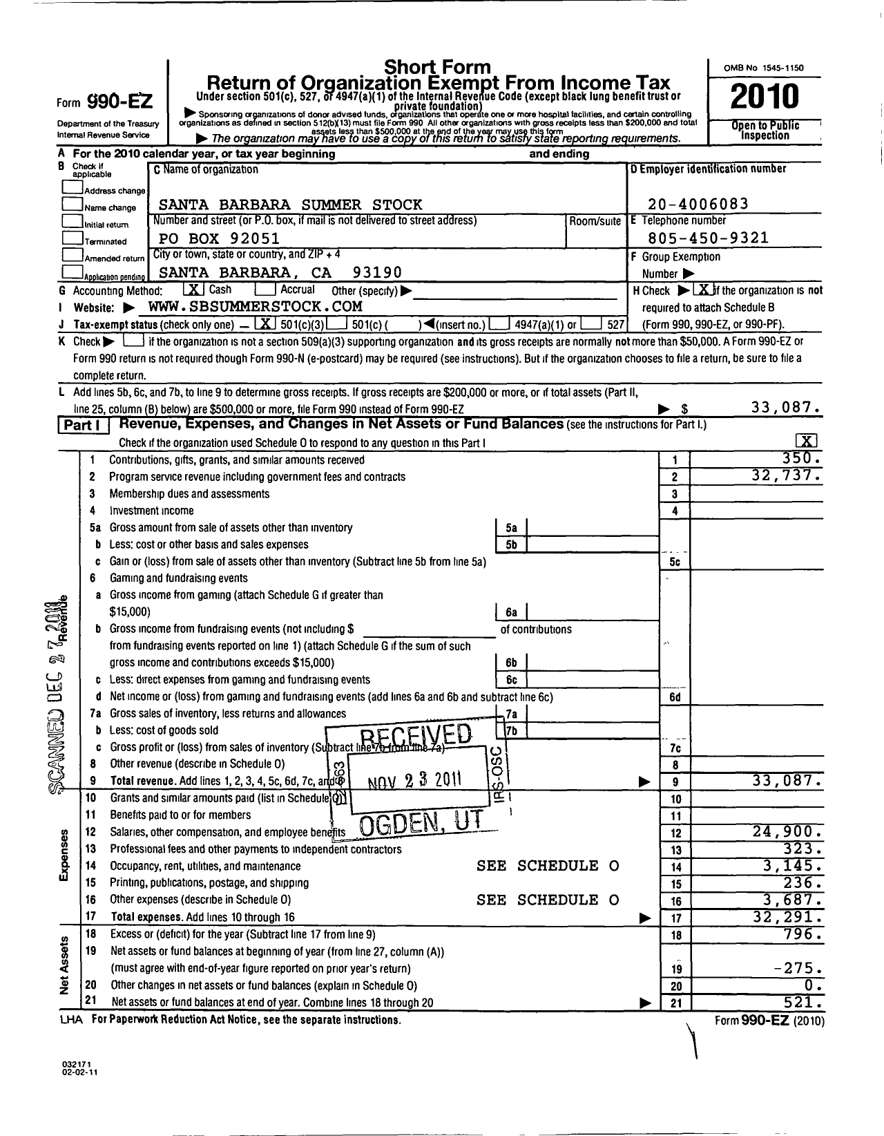 Image of first page of 2010 Form 990EZ for Santa Barbara Summer Stock