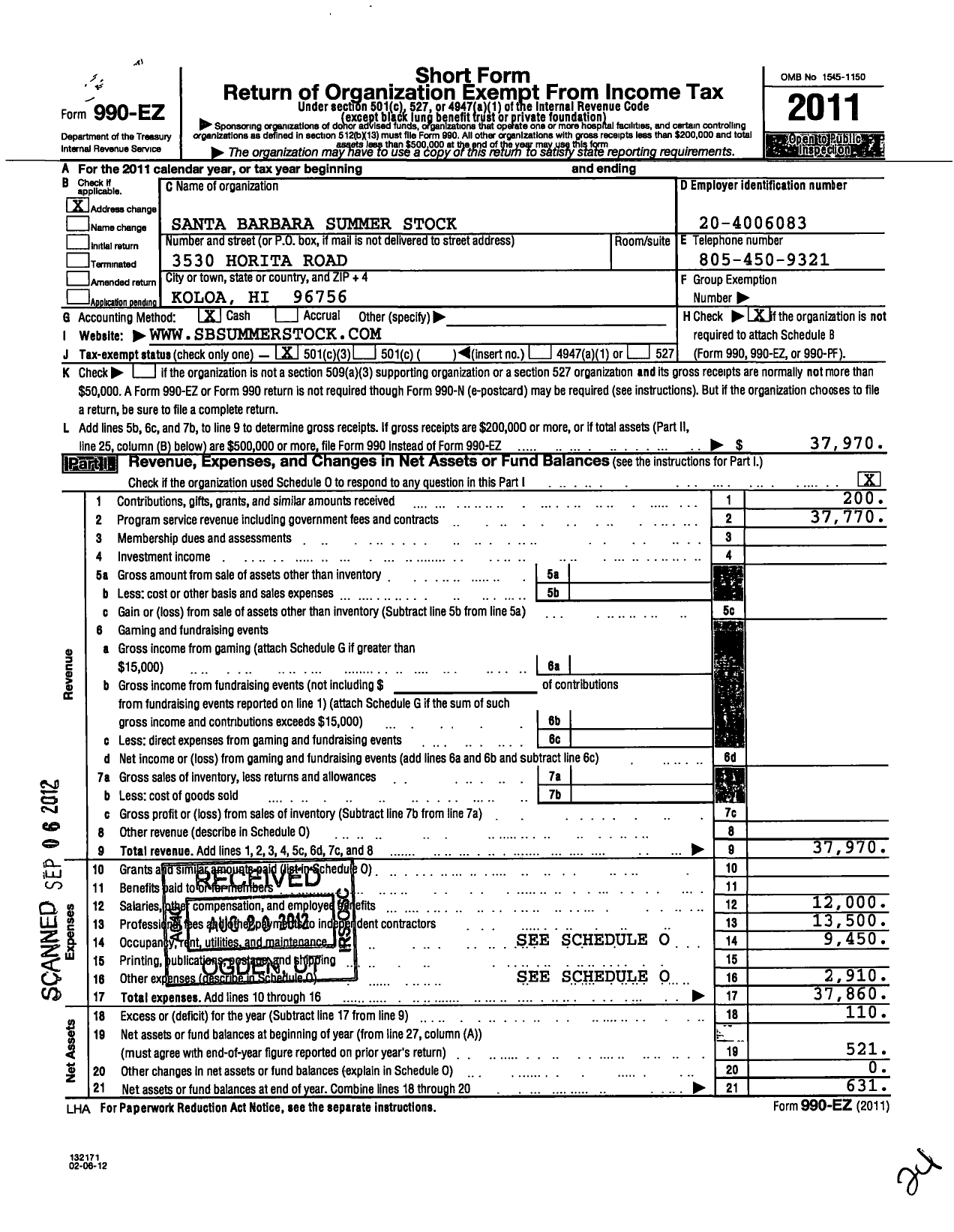 Image of first page of 2011 Form 990EZ for Santa Barbara Summer Stock