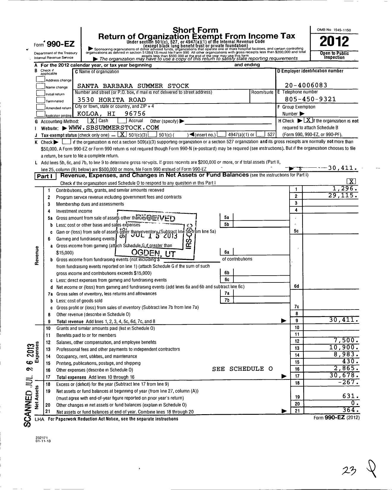 Image of first page of 2012 Form 990EZ for Santa Barbara Summer Stock