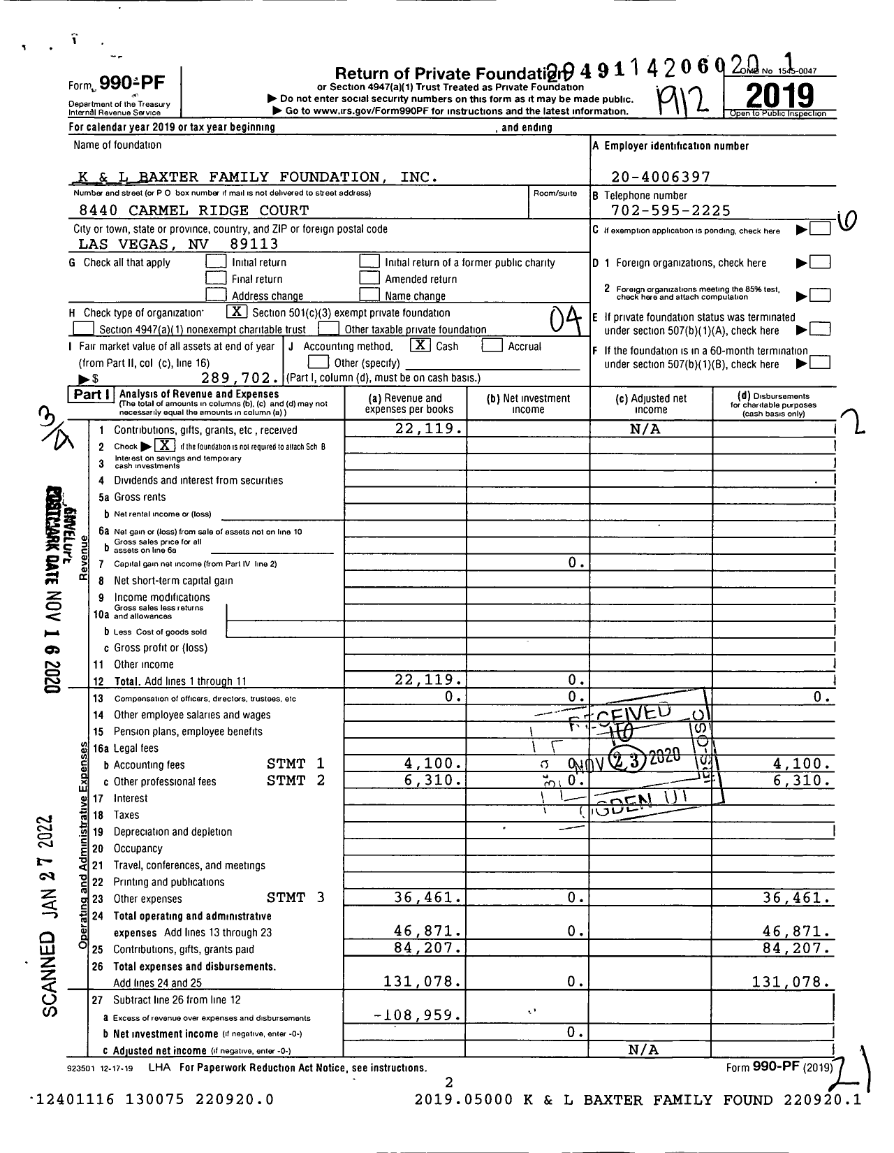 Image of first page of 2019 Form 990PF for K&L Baxter Family Foundation