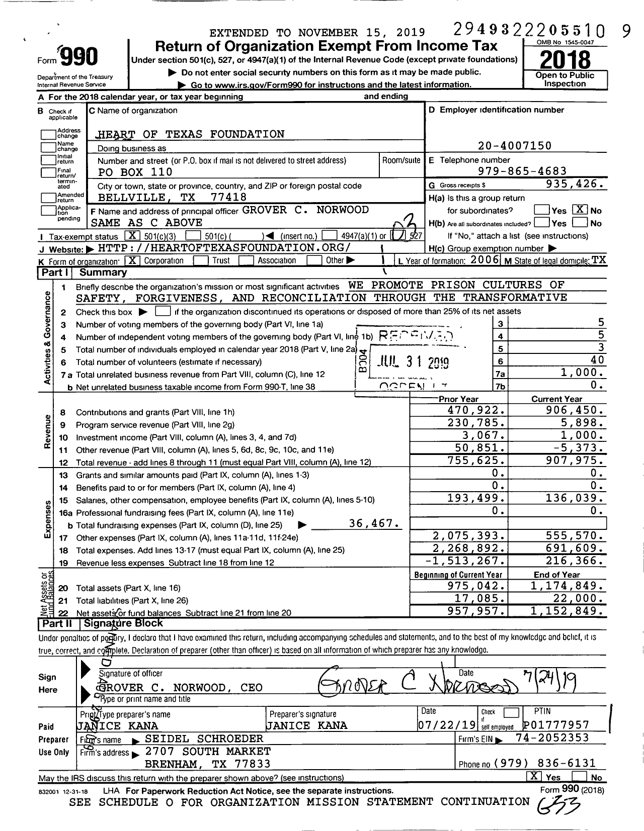 Image of first page of 2018 Form 990 for Heart of Texas Foundation