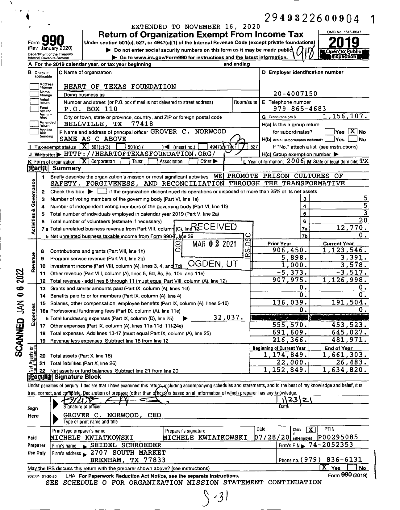 Image of first page of 2019 Form 990 for Heart of Texas Foundation