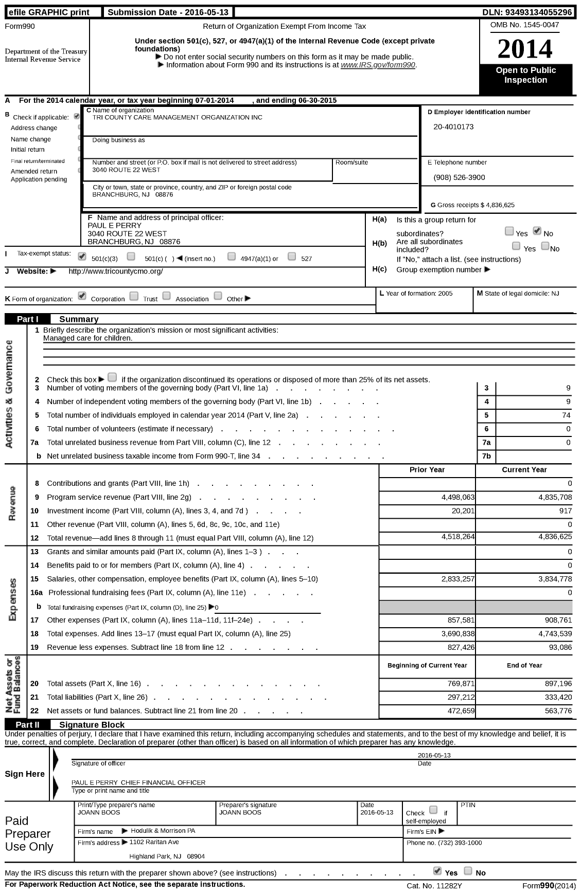 Image of first page of 2014 Form 990 for Tri-County Care Management Organization