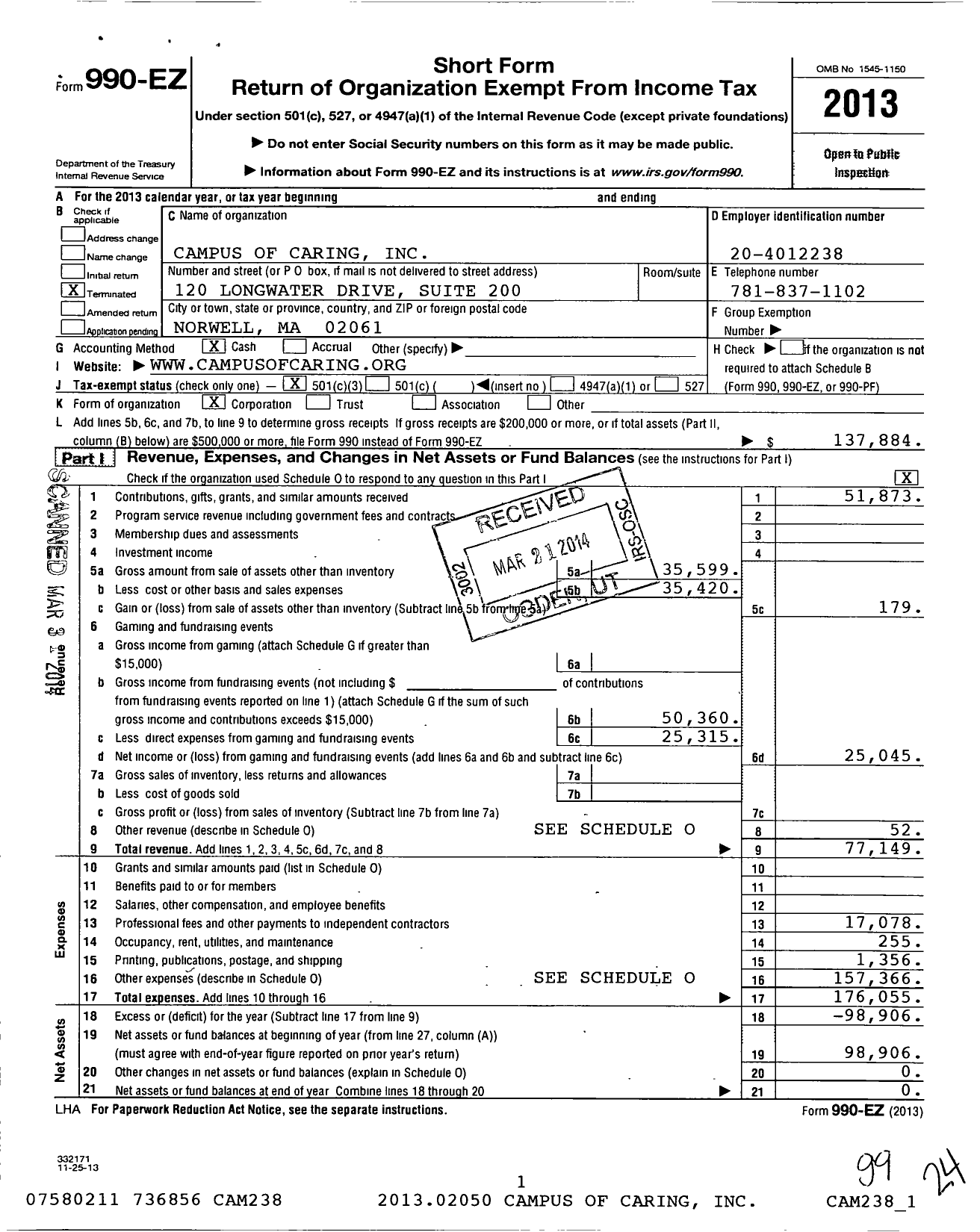 Image of first page of 2013 Form 990EZ for Campus of Caring