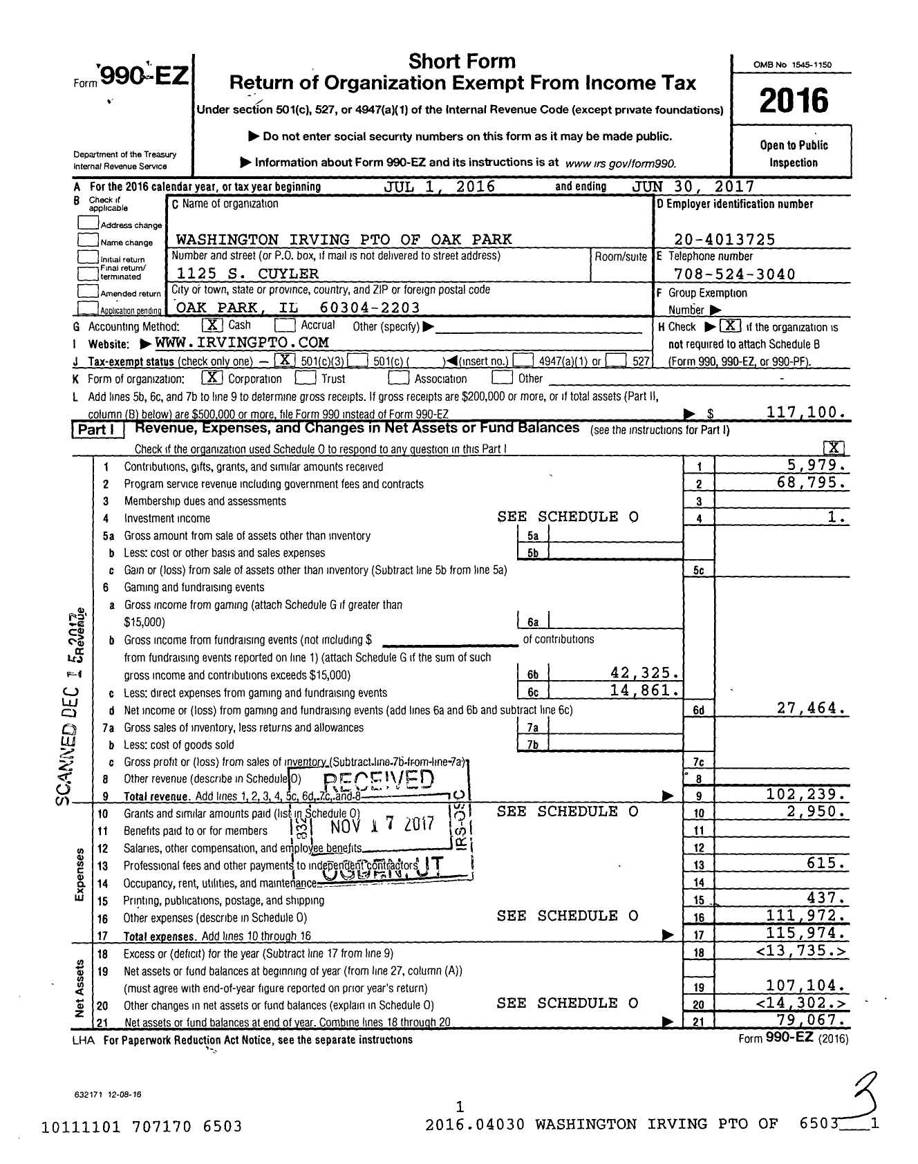 Image of first page of 2016 Form 990EZ for Washington Irving Pto of Oak Park