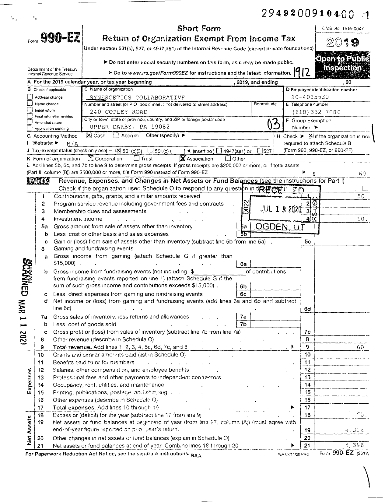 Image of first page of 2019 Form 990EZ for Synergetics Collaborative