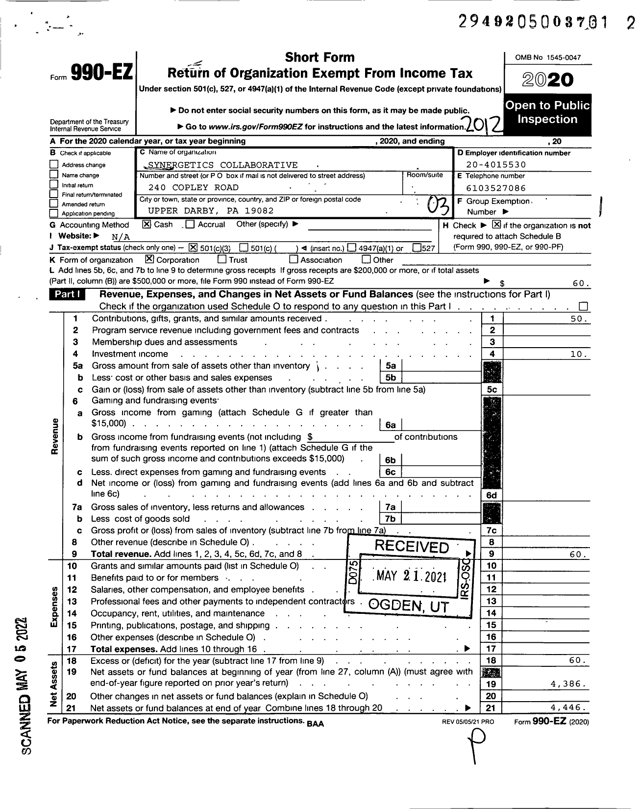 Image of first page of 2020 Form 990EZ for Synergetics Collaborative