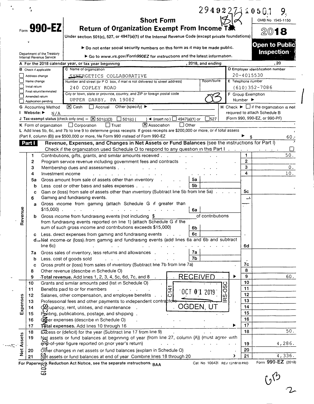 Image of first page of 2018 Form 990EZ for Synergetics Collaborative