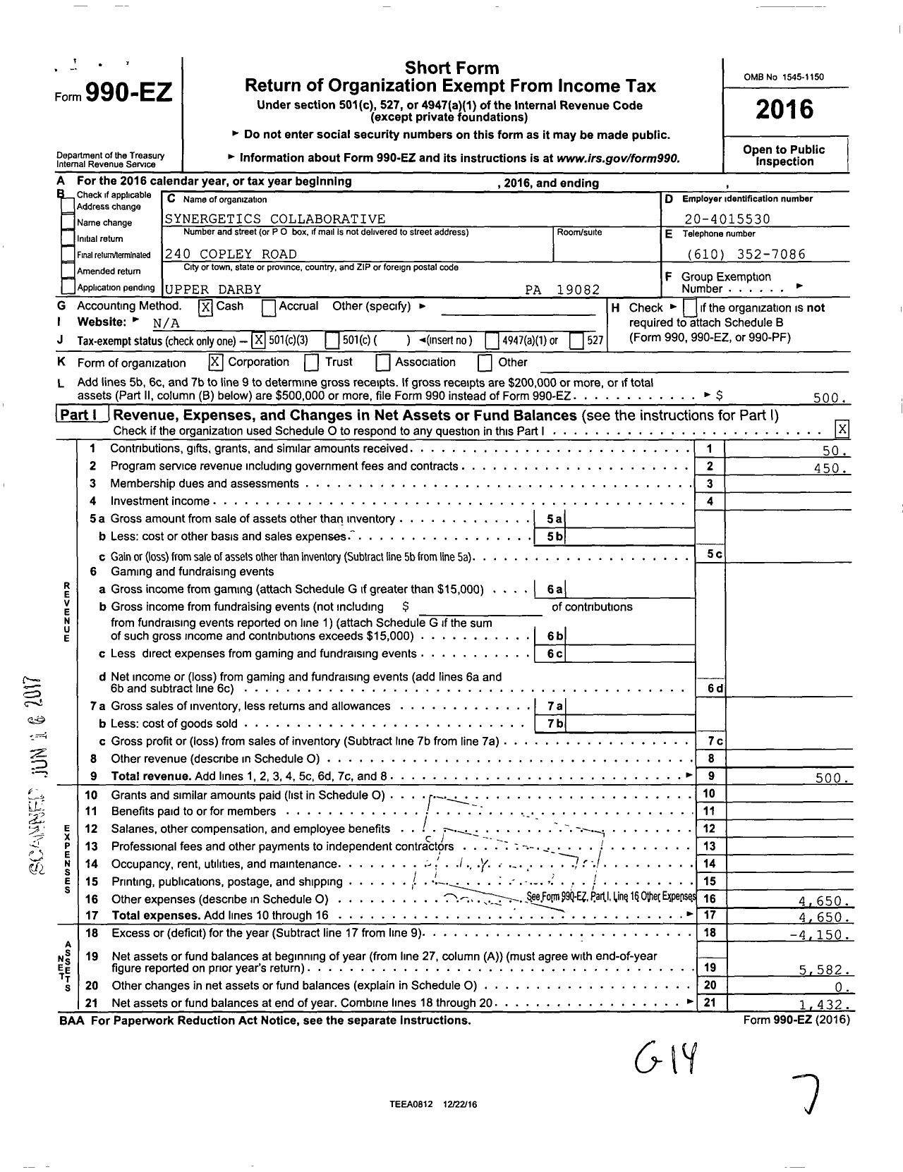 Image of first page of 2016 Form 990EZ for Synergetics Collaborative