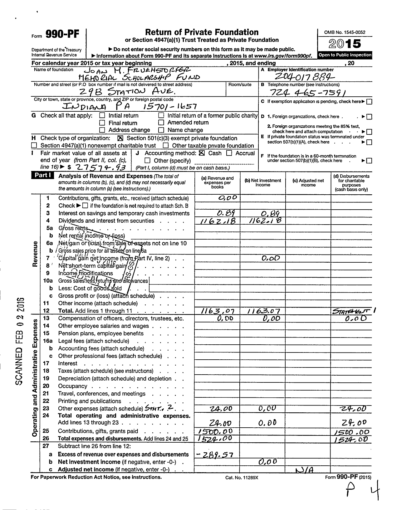 Image of first page of 2015 Form 990PF for Joan M Fruehstorfer Memorial Scholarship Fund