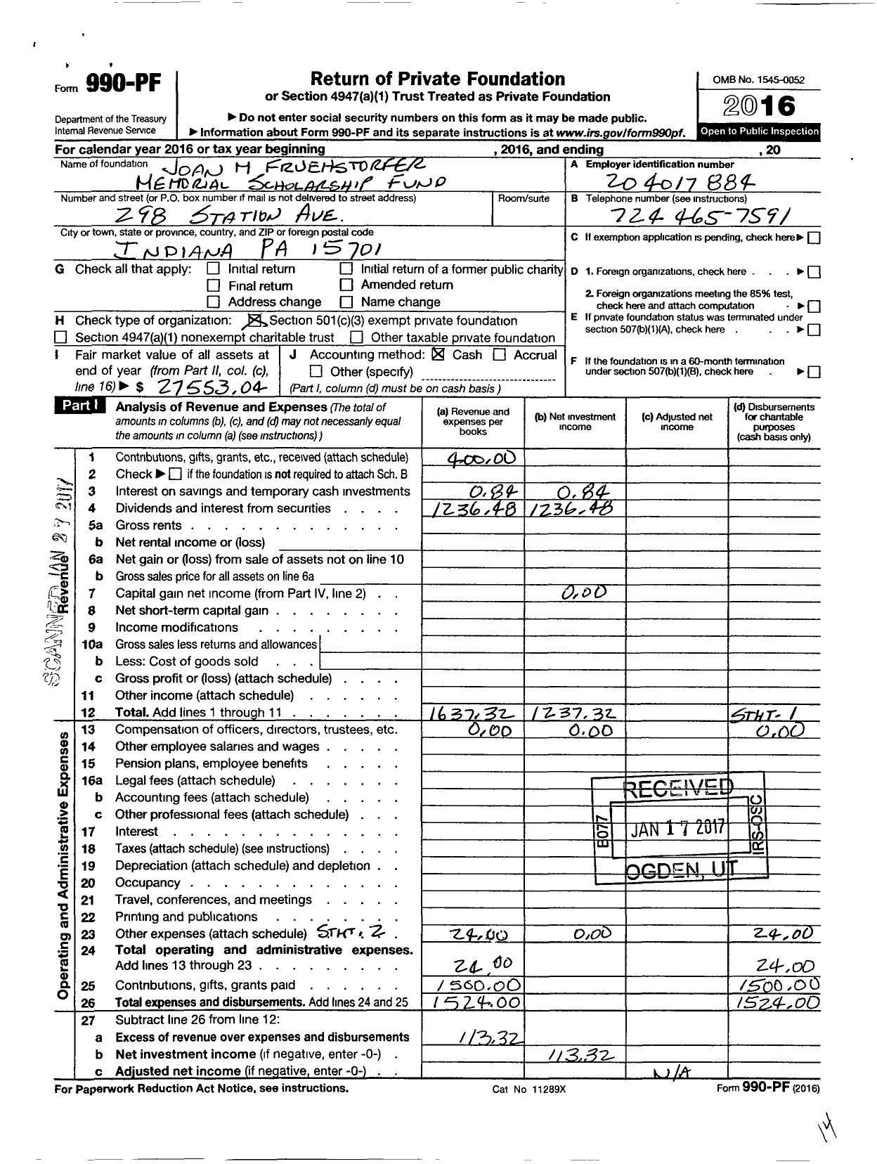 Image of first page of 2016 Form 990PF for Joan M Fruehstorfer Memorial Scholarship Fund