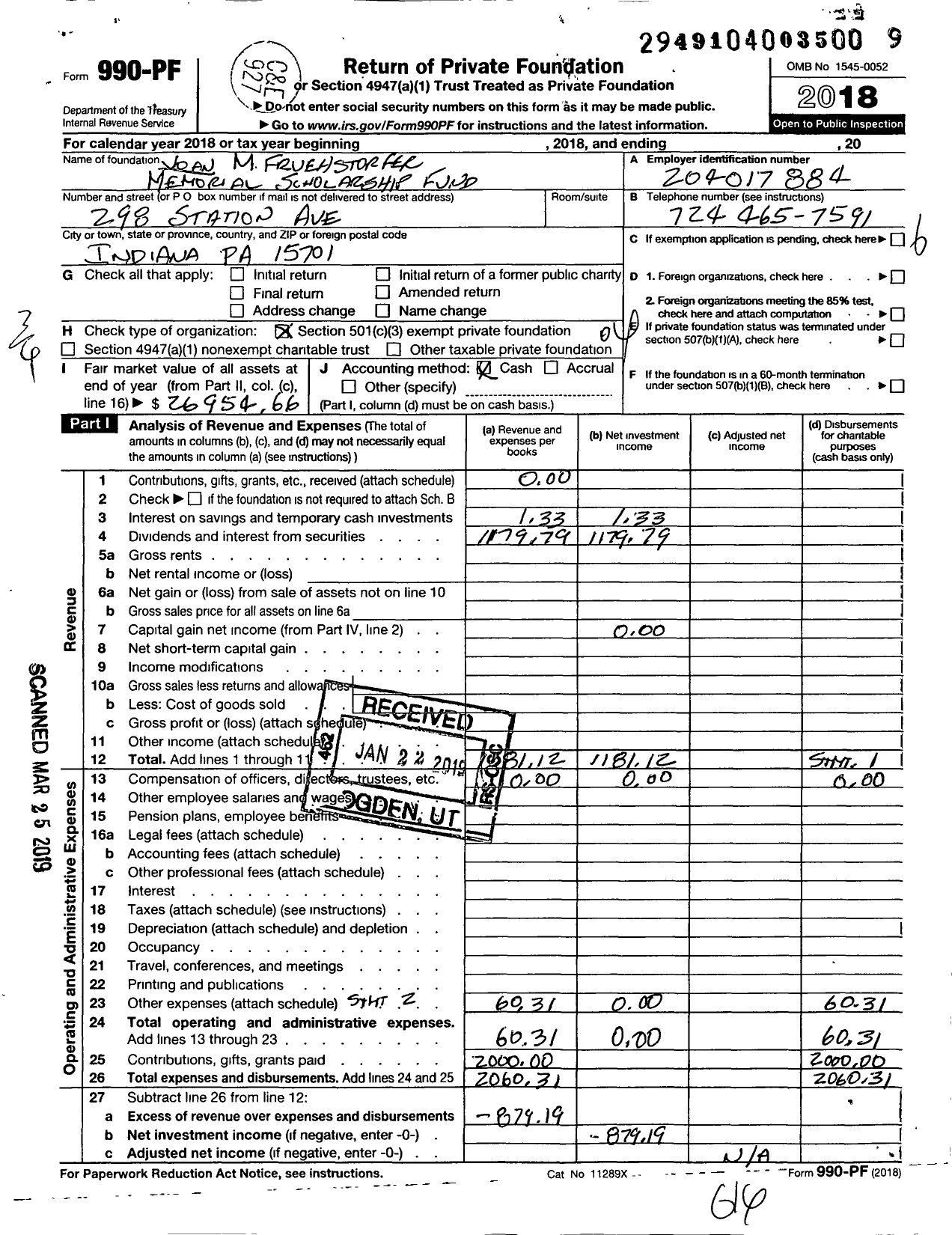 Image of first page of 2018 Form 990PF for Joan M Fruehstorfer Memorial Scholarship Fund