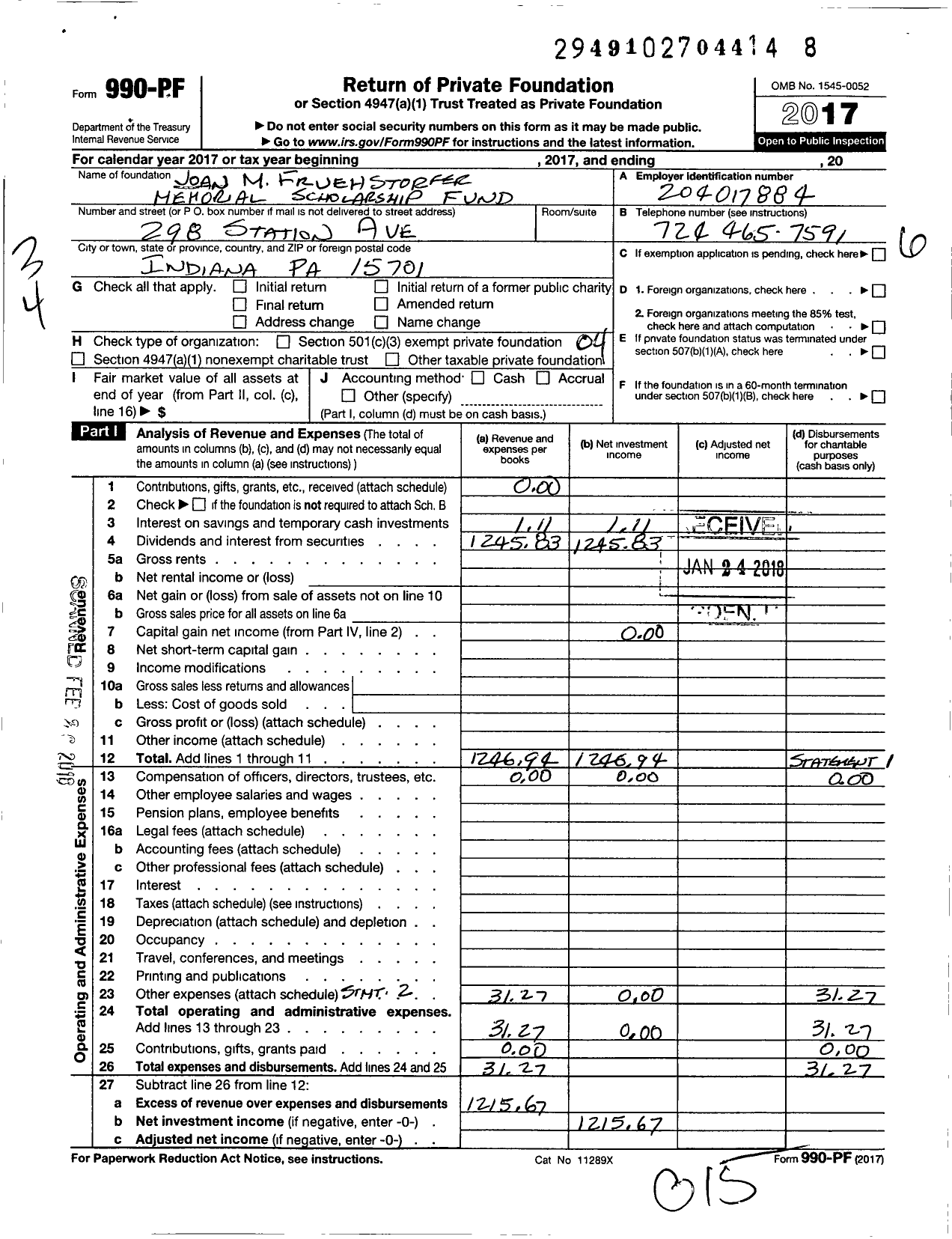 Image of first page of 2017 Form 990PF for Joan M Fruehstorfer Memorial Scholarship Fund