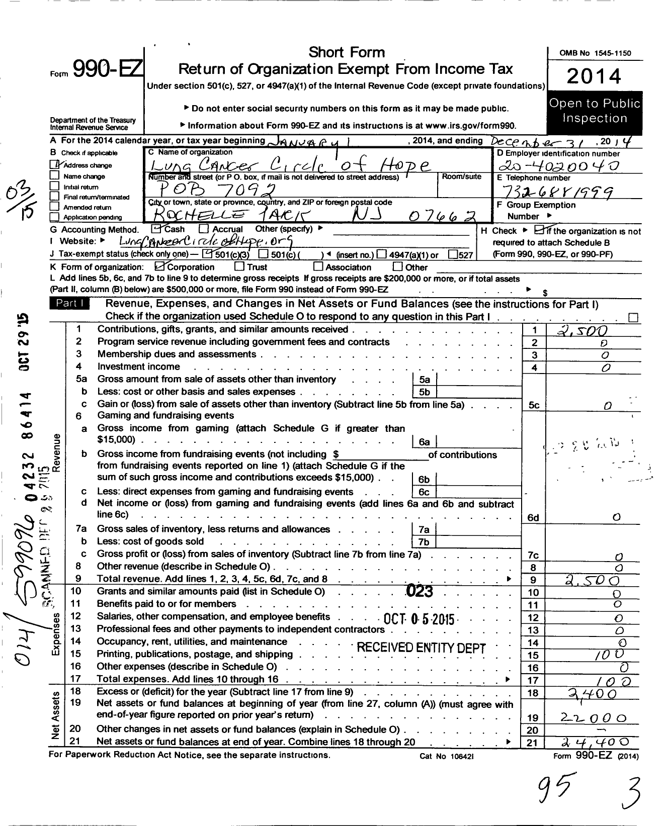 Image of first page of 2014 Form 990EZ for Lung Cancer Circle of Hope