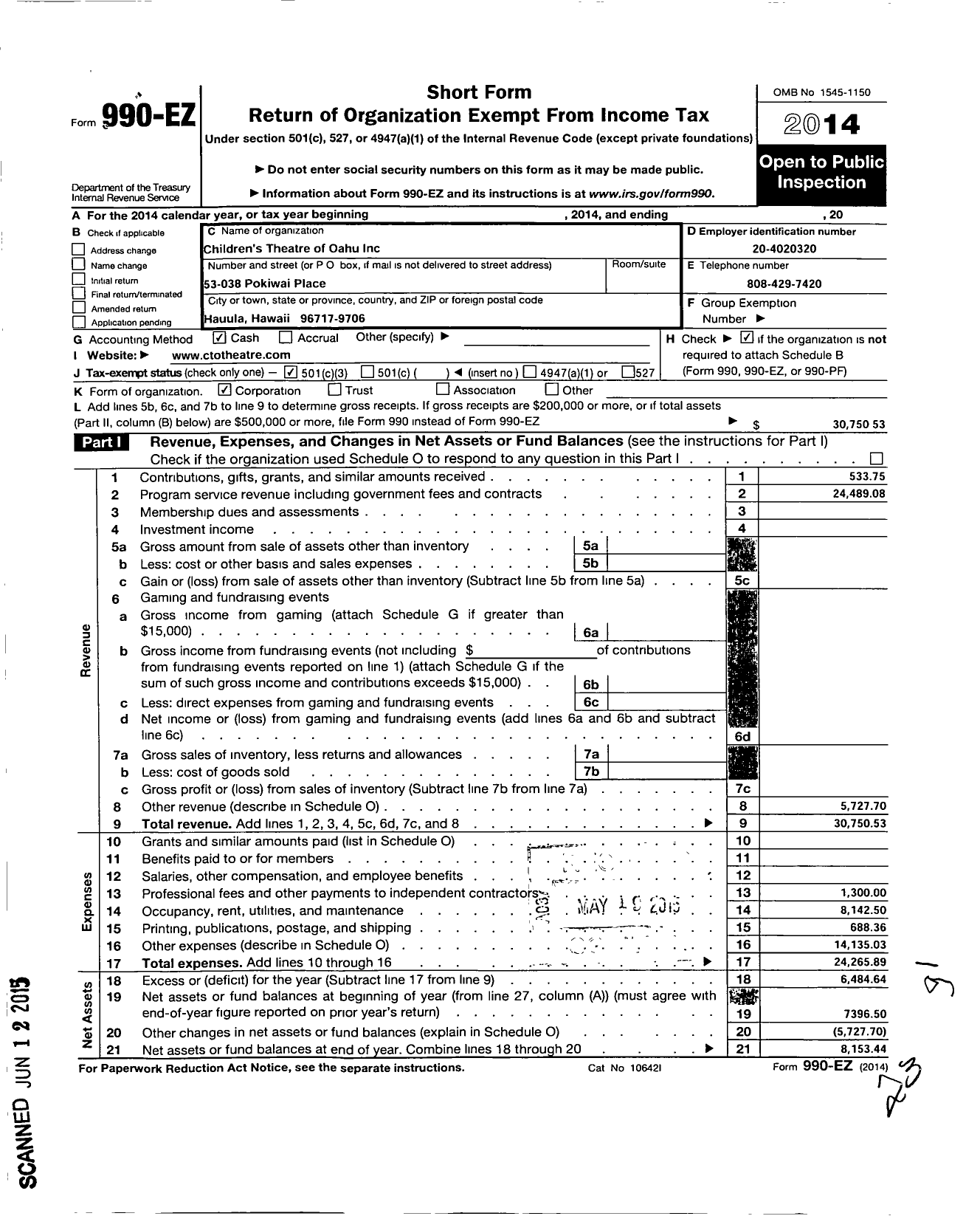 Image of first page of 2014 Form 990EZ for Childrens Theatre of Oahu