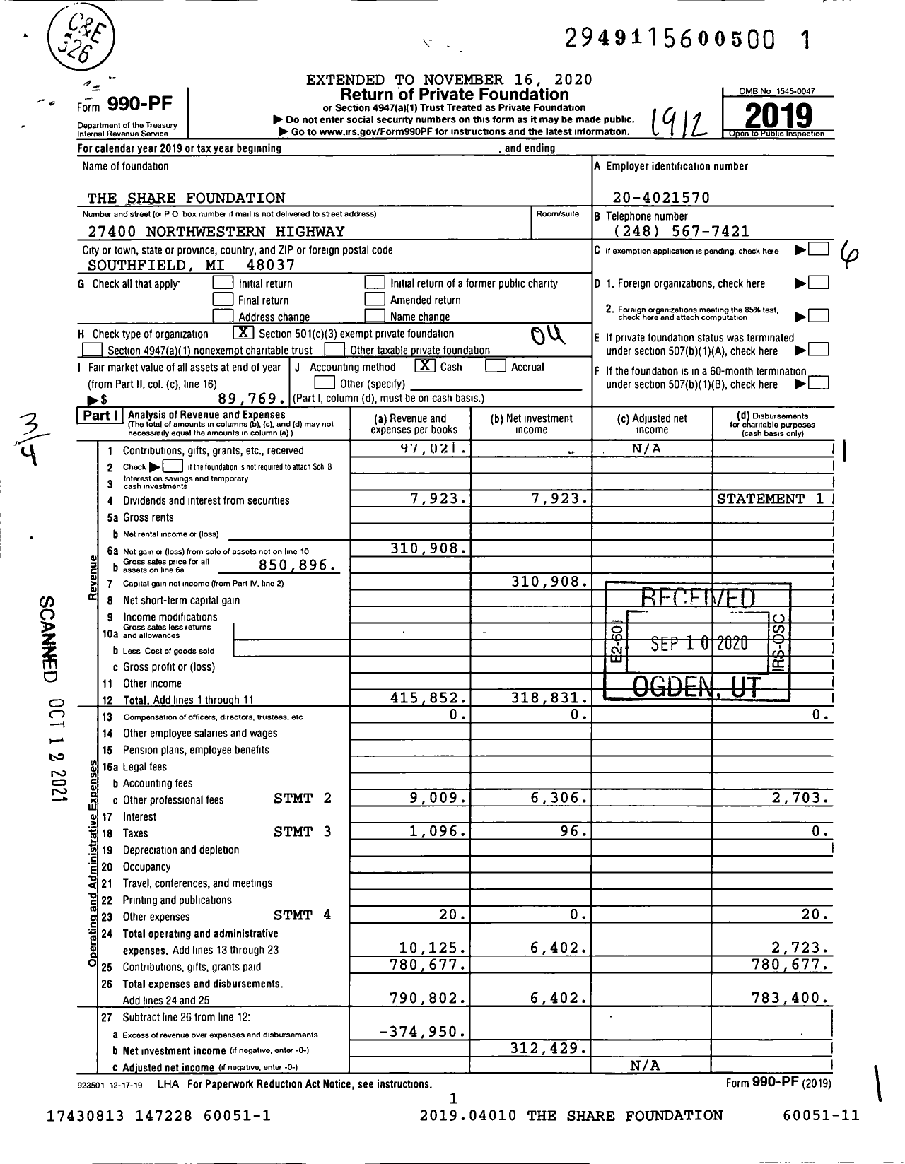 Image of first page of 2019 Form 990PF for The Share Foundation