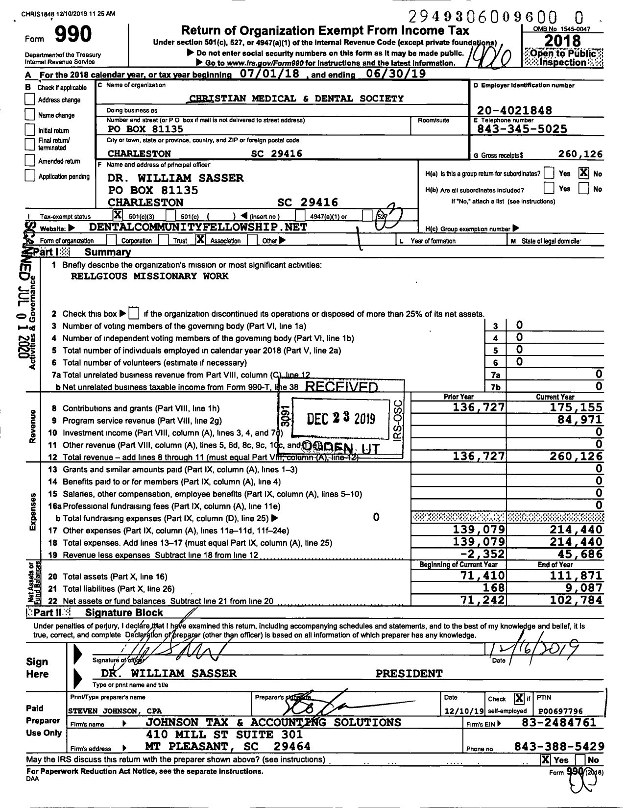 Image of first page of 2018 Form 990 for Christian Medical and Dental Society / Dental Community Fellowship Council