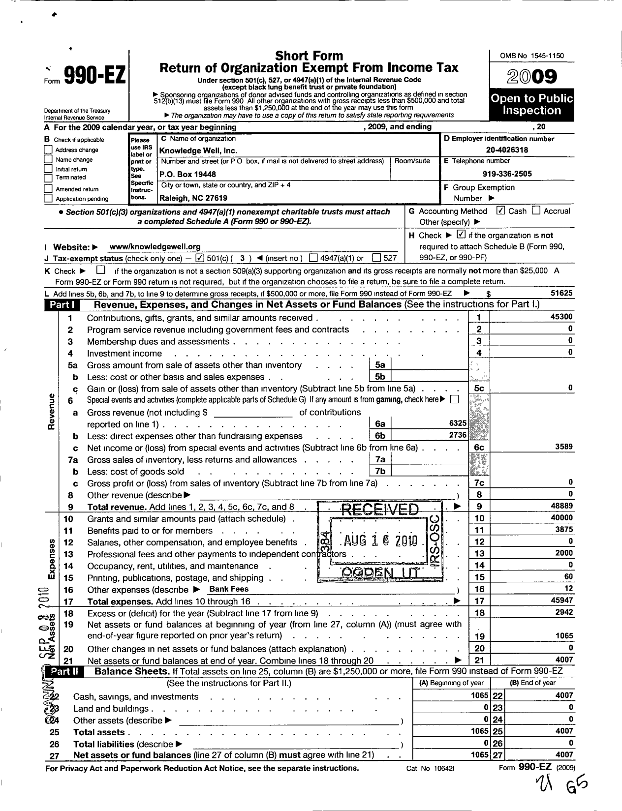 Image of first page of 2009 Form 990EZ for Knowledge Well