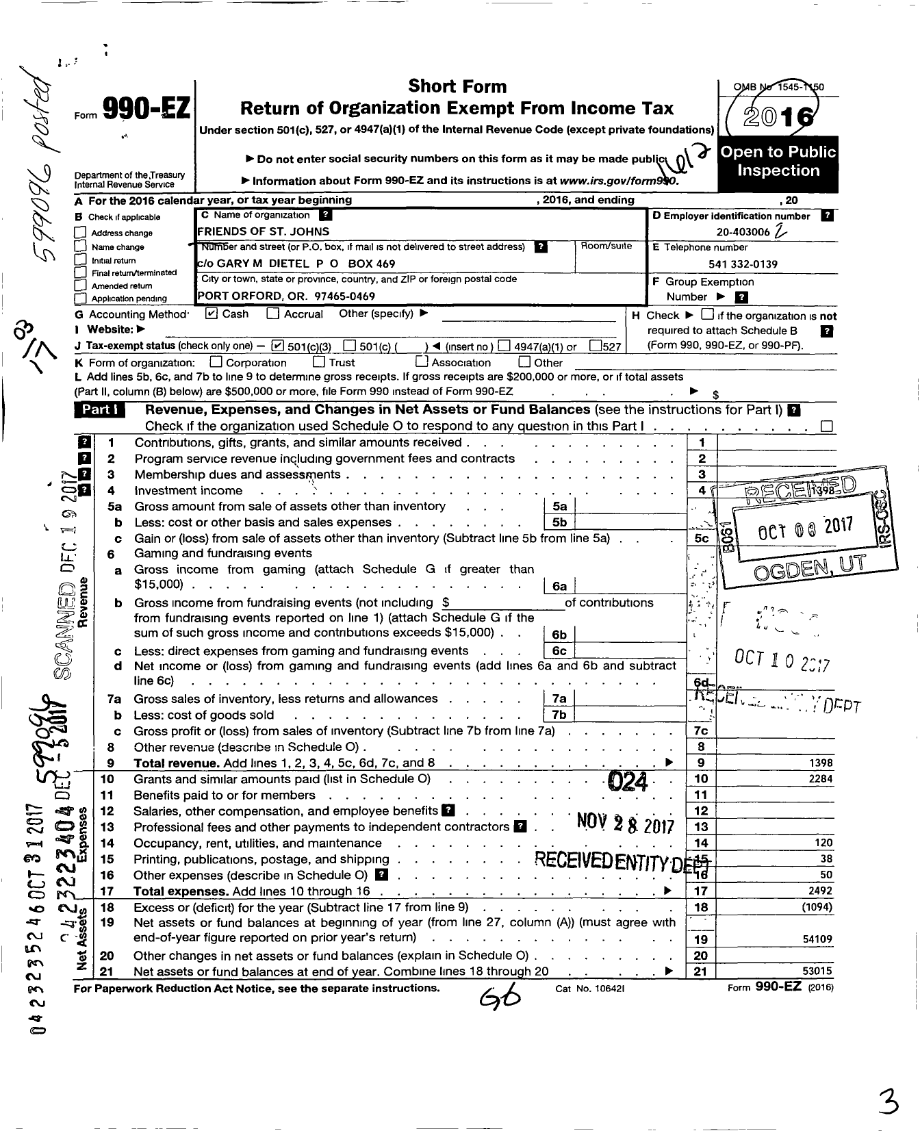 Image of first page of 2016 Form 990EZ for Friends of St Johns