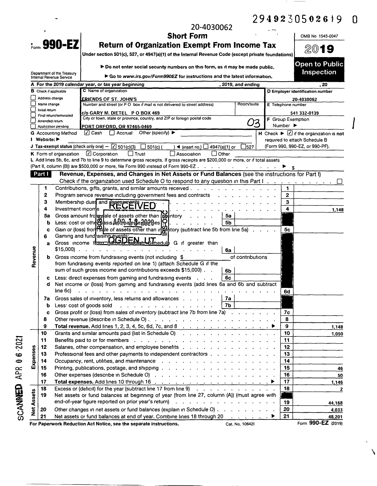 Image of first page of 2019 Form 990EZ for Friends of St Johns