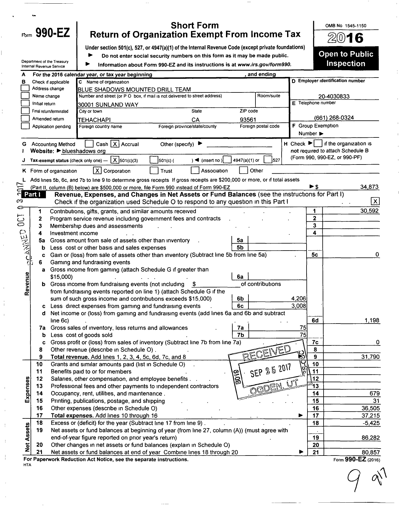 Image of first page of 2016 Form 990EZ for Blue Shadows Mounted Drill Team