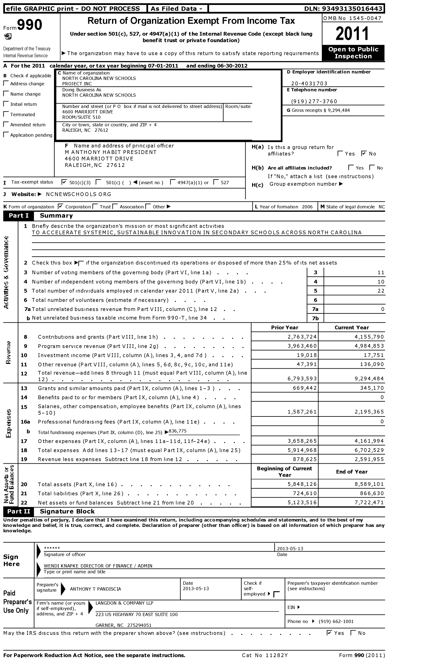 Image of first page of 2011 Form 990 for North Carolina New Schools