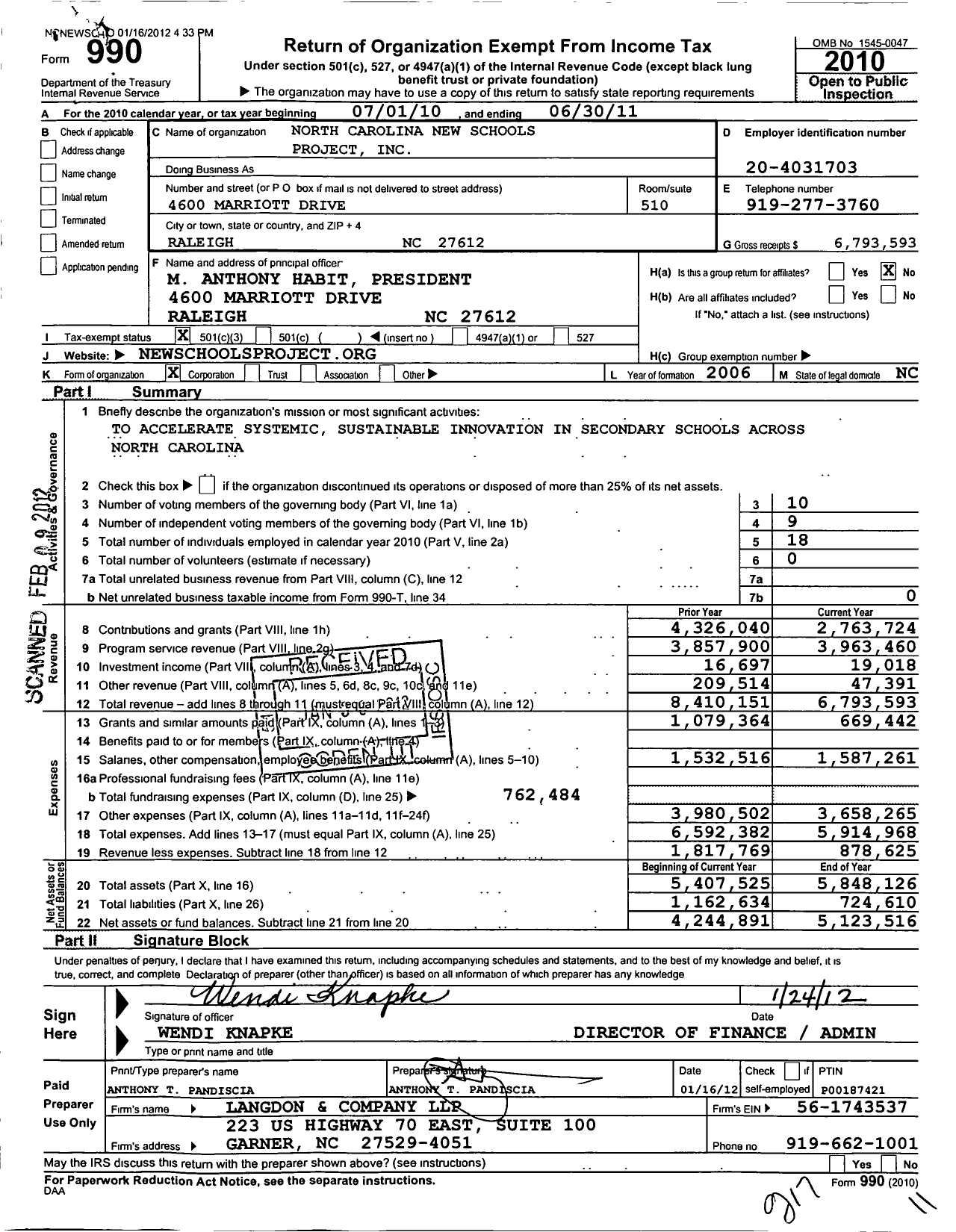 Image of first page of 2010 Form 990 for North Carolina New Schools