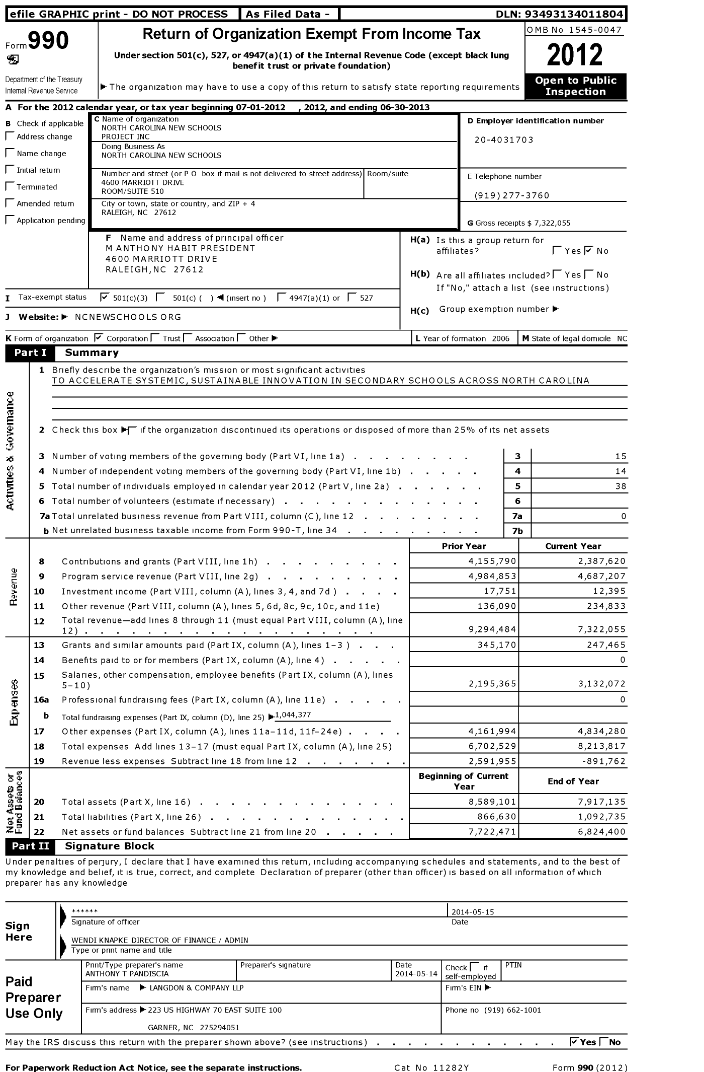 Image of first page of 2012 Form 990 for North Carolina New Schools