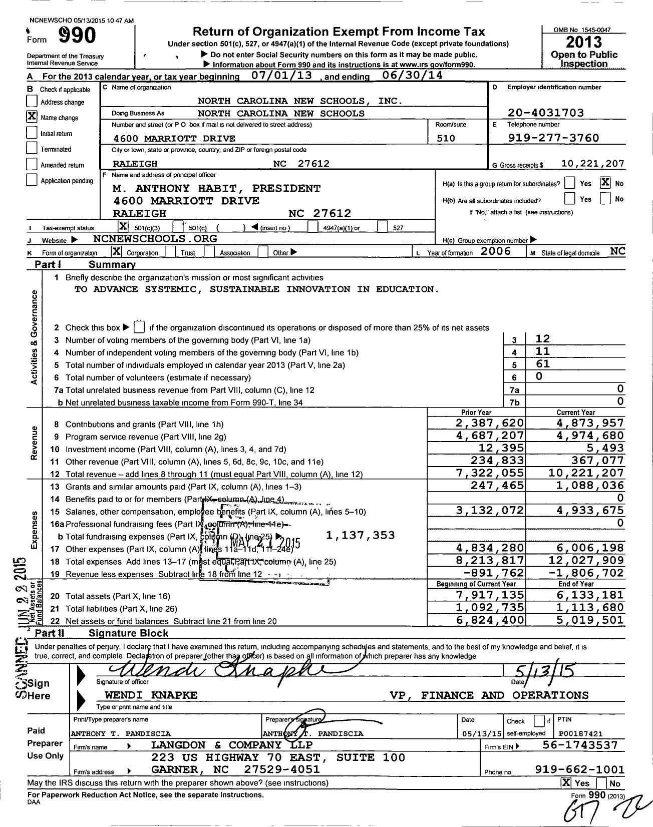 Image of first page of 2013 Form 990 for North Carolina New Schools