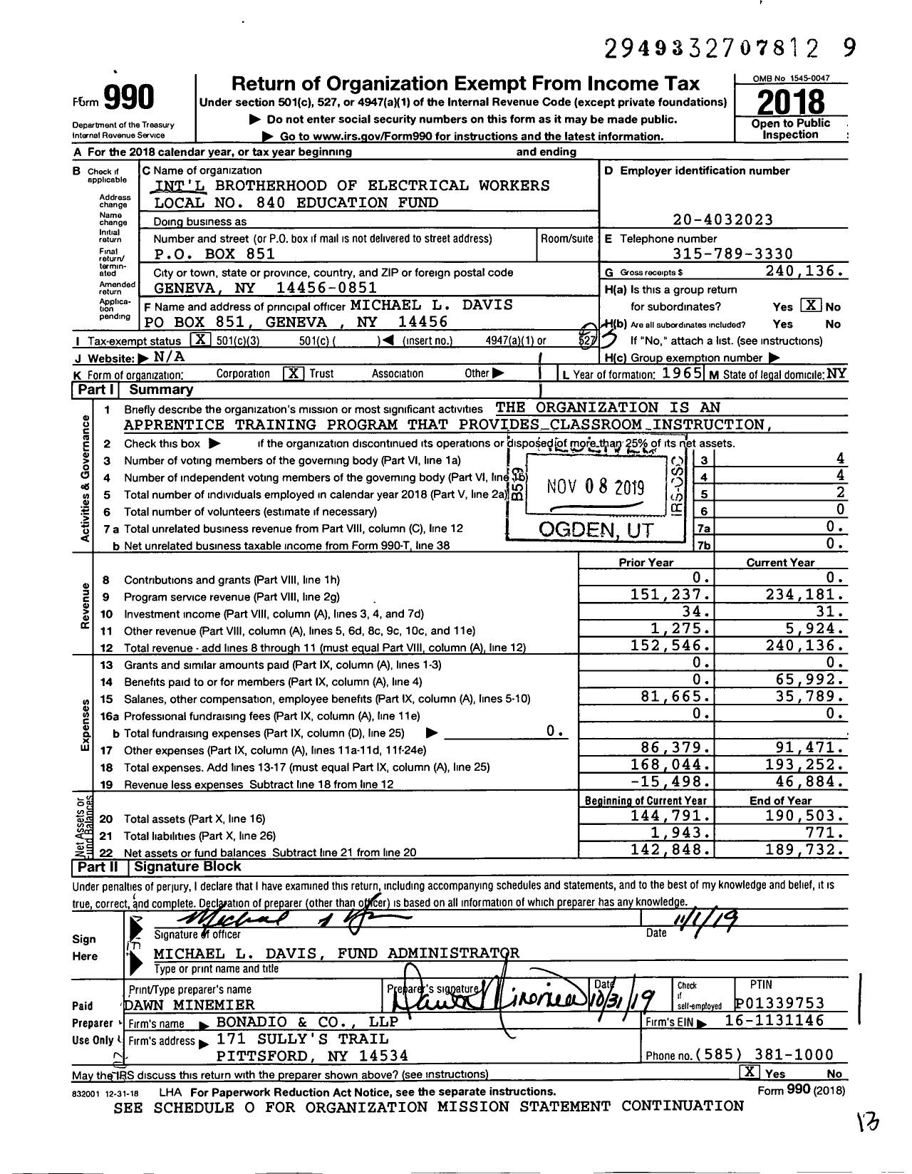 Image of first page of 2018 Form 990 for International Brotherhood of Electrical Workers - 840 Education Fund