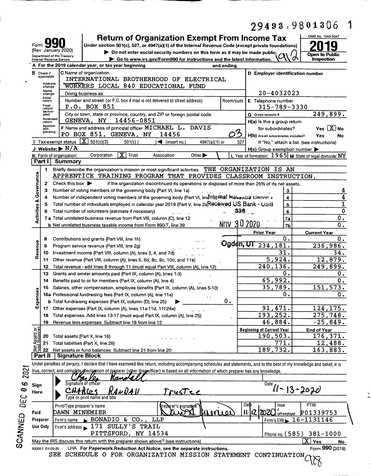 Image of first page of 2019 Form 990 for International Brotherhood of Electrical Workers - 840 Education Fund