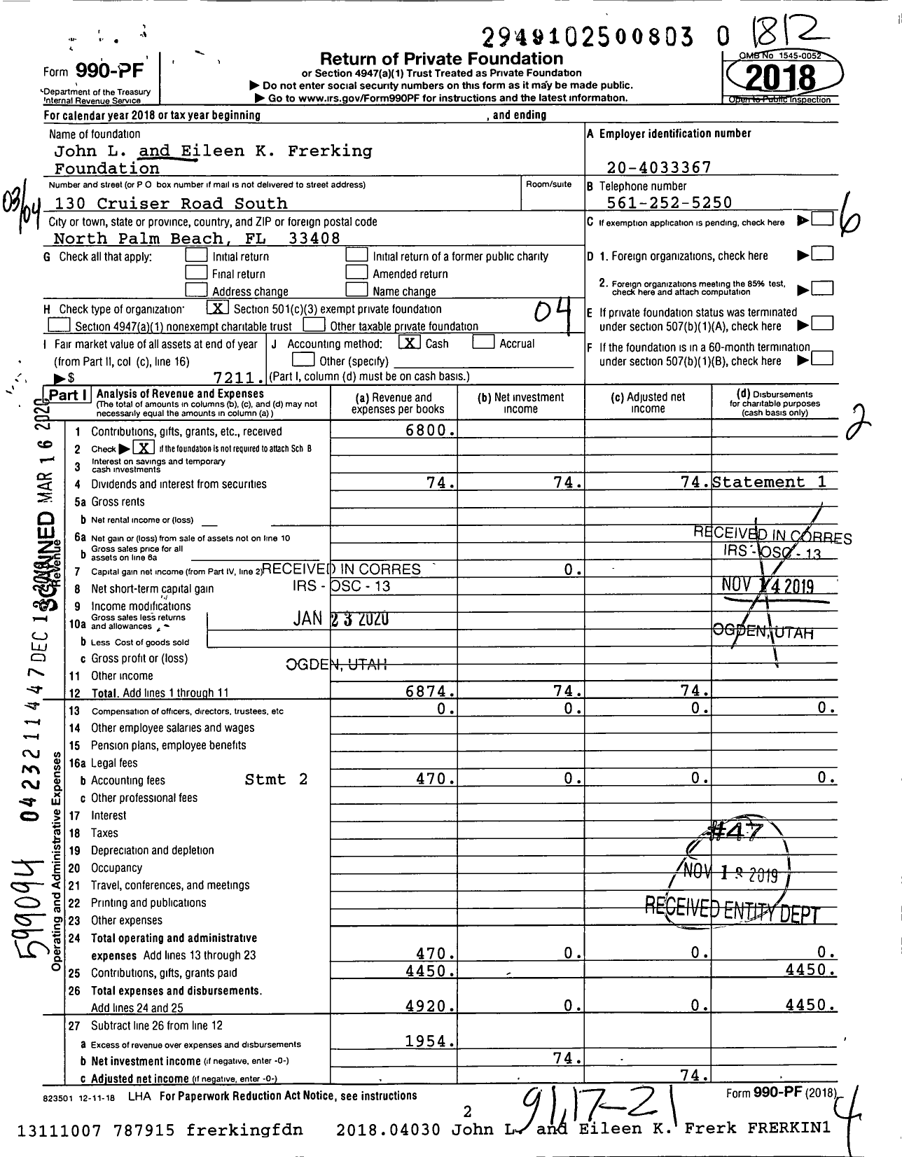 Image of first page of 2018 Form 990PR for John L and Eileen K Frerking Foundation