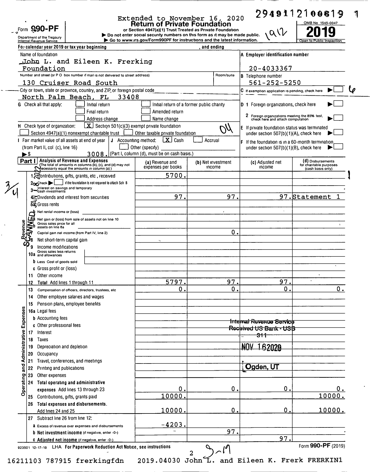 Image of first page of 2019 Form 990PF for John L and Eileen K Frerking Foundation