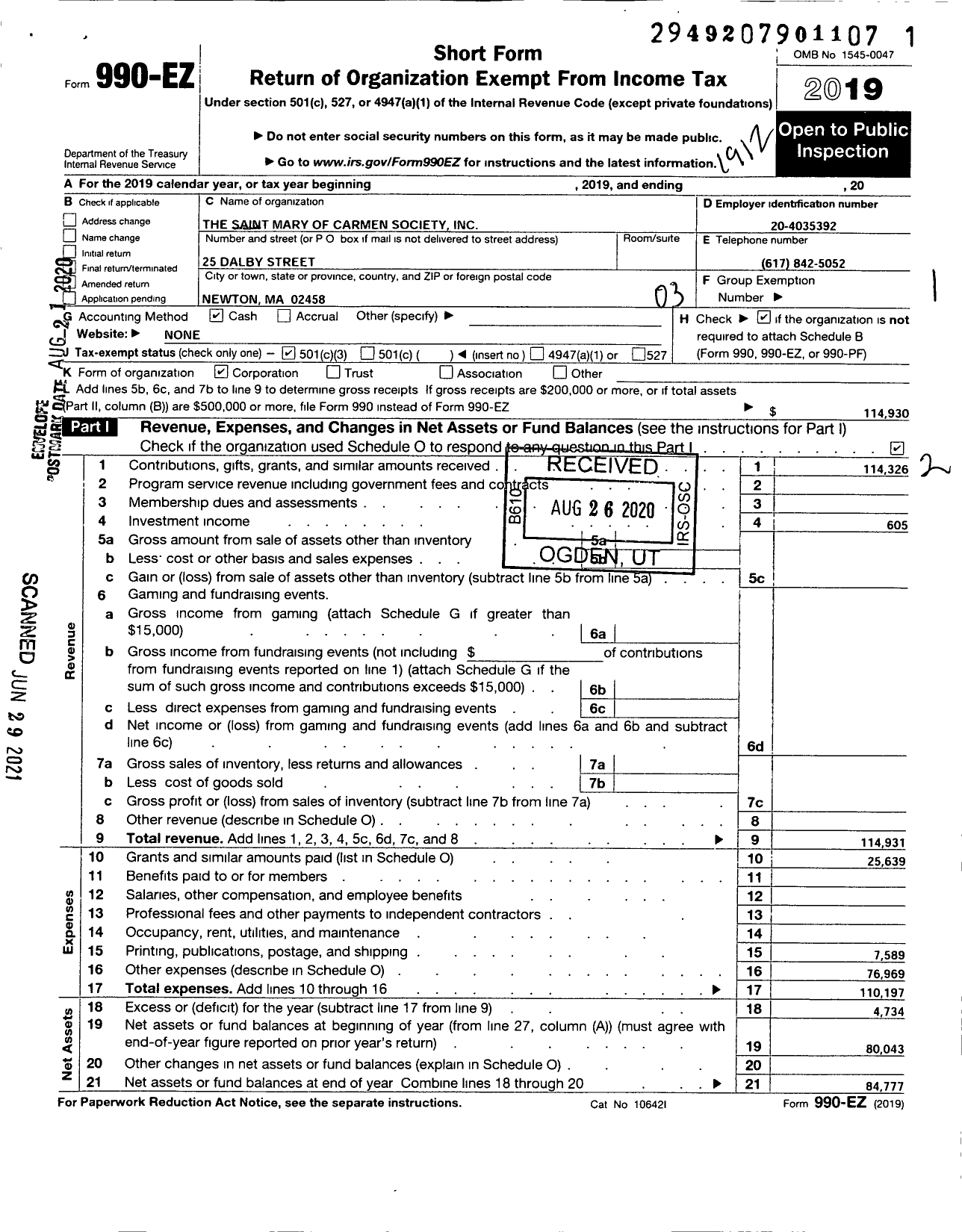 Image of first page of 2019 Form 990EZ for The Saint Mary of Carmen Society